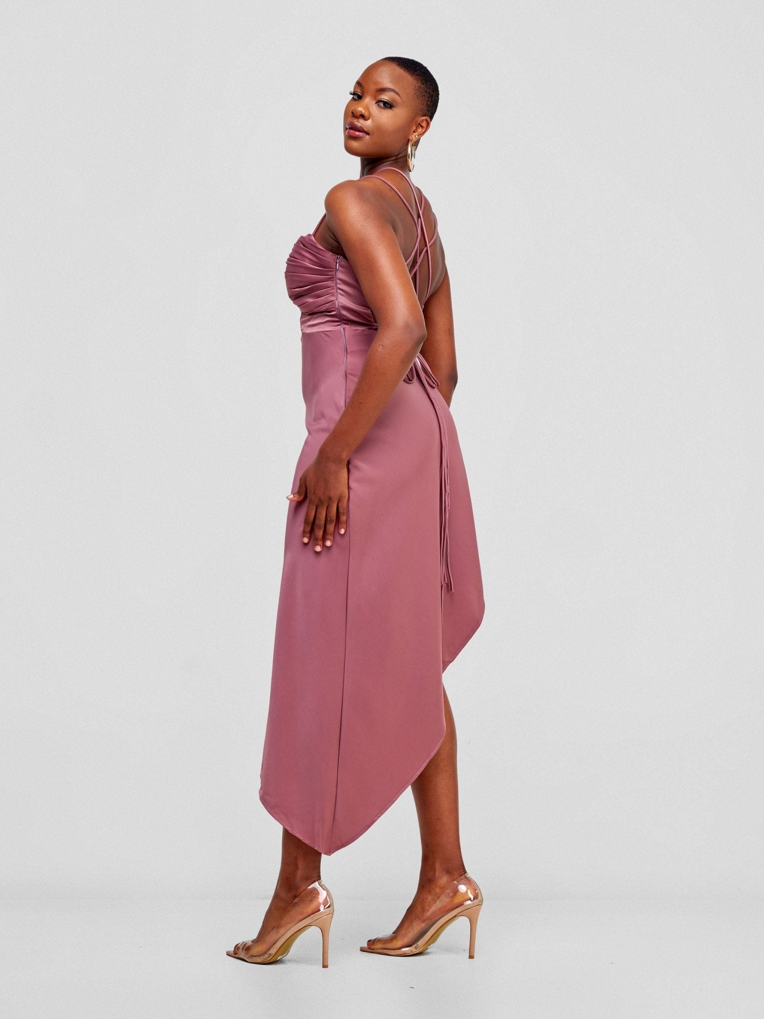 Lola Long Strappy Satin Dress with Pleated Bust - Mauve - Shopzetu