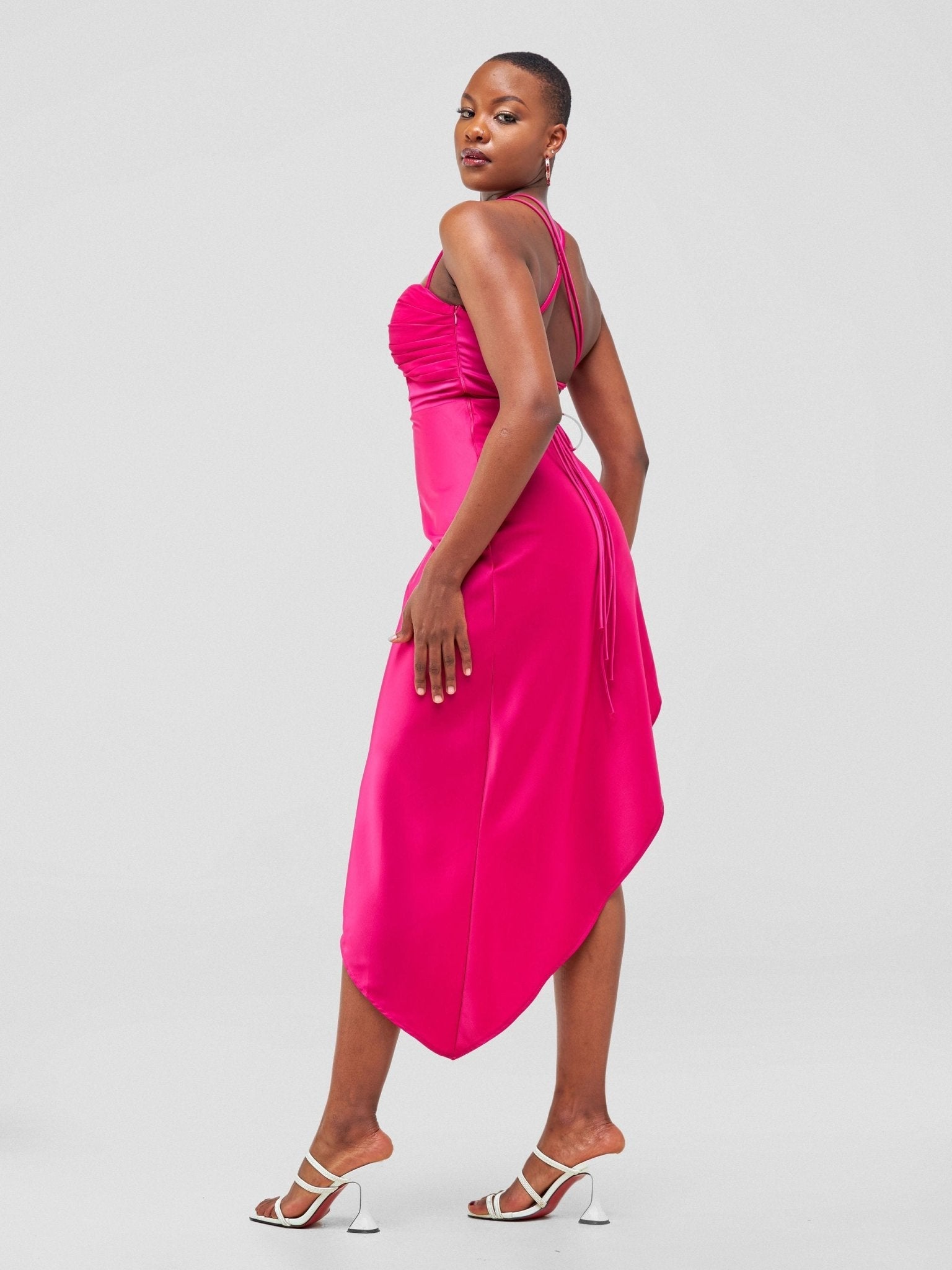 Lola Long Strappy Satin Dress with Pleated Bust - Hot Pink - Shopzetu