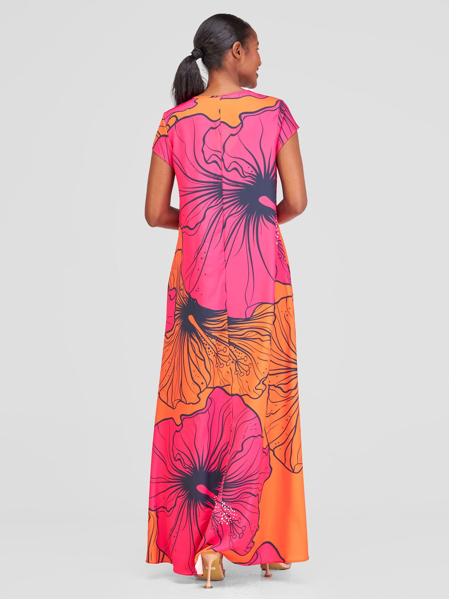 Vivo Zola V Neck Cap Sleeve Maxi - Orange / Pink Flohibi Print