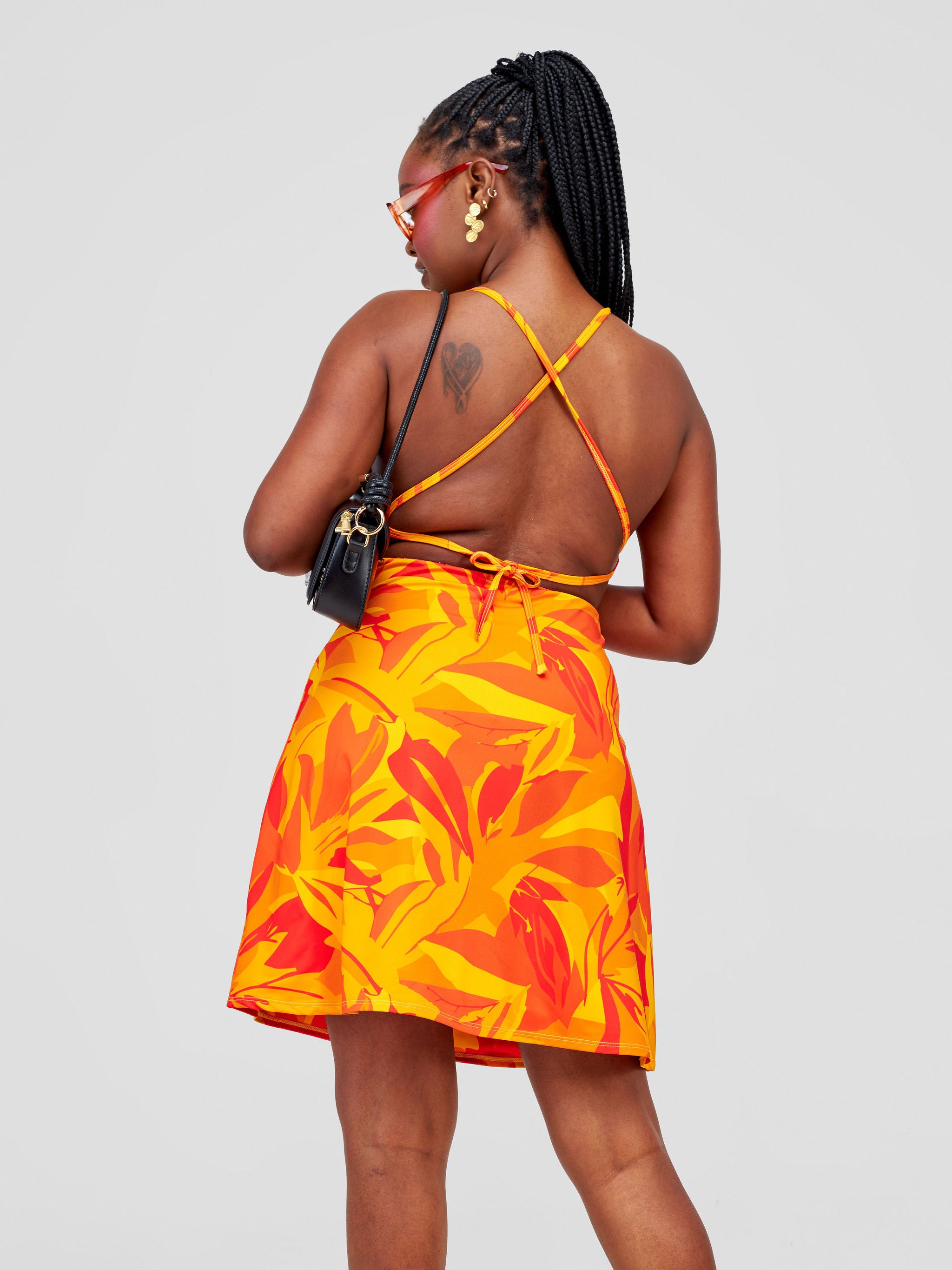 Zoya Party Cowl Bare Back Mini Dress - Safron / Mustard Waridi Print