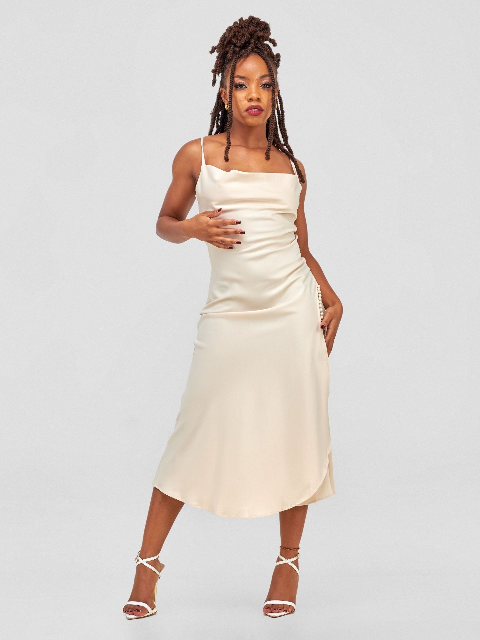 Lola Satin Slip Dress With Side Buttons - Light Brown - Shopzetu