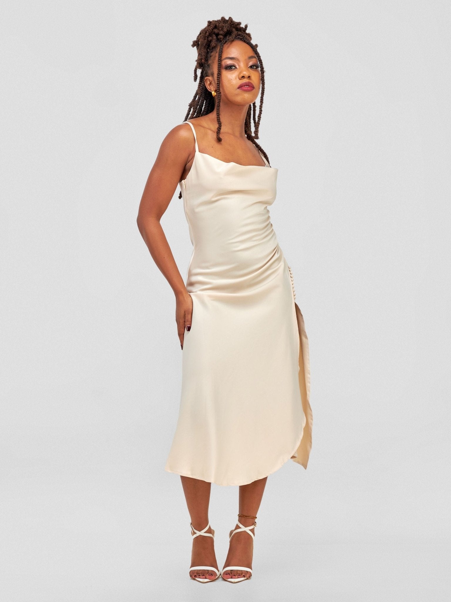 Lola Satin Slip Dress With Side Buttons - Light Brown - Shopzetu