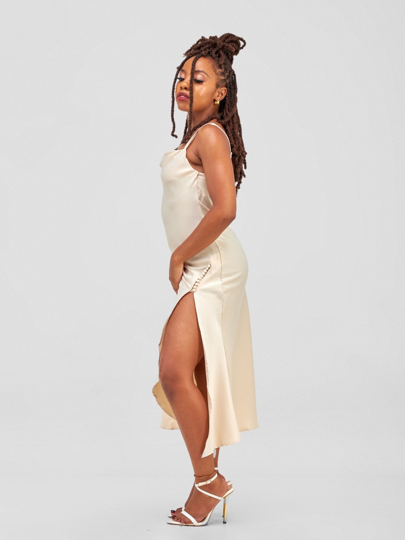 Lola Satin Slip Dress With Side Buttons - Light Brown - Shopzetu