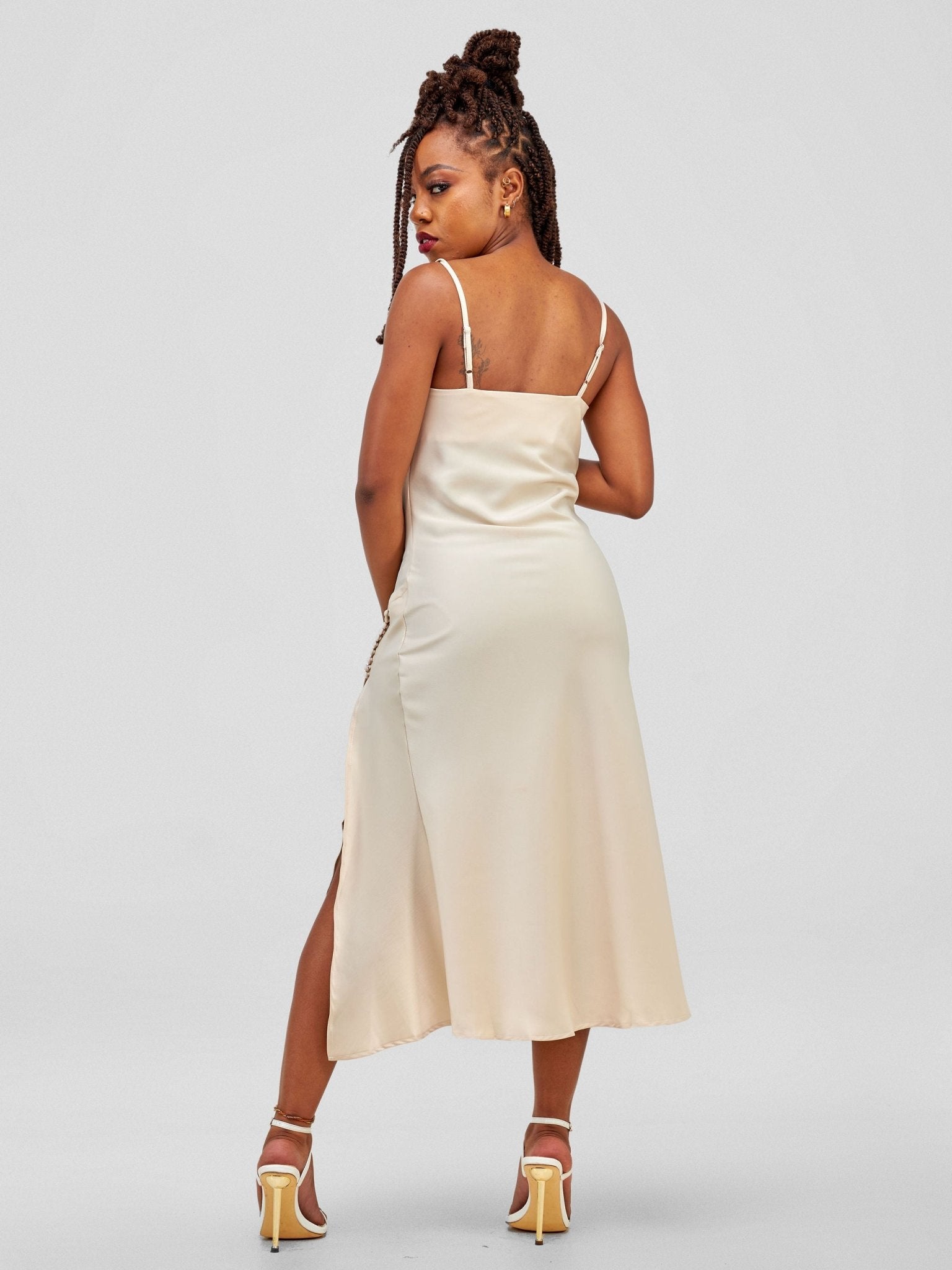 Lola Satin Slip Dress With Side Buttons - Light Brown - Shopzetu