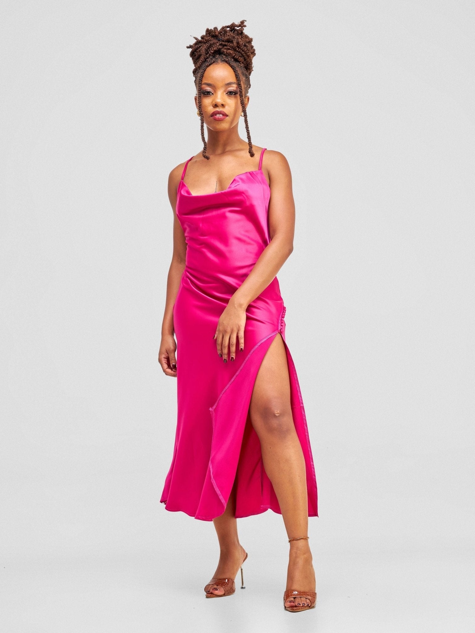 Lola Satin Slip Dress With Side Buttons - Hot Pink - Shopzetu