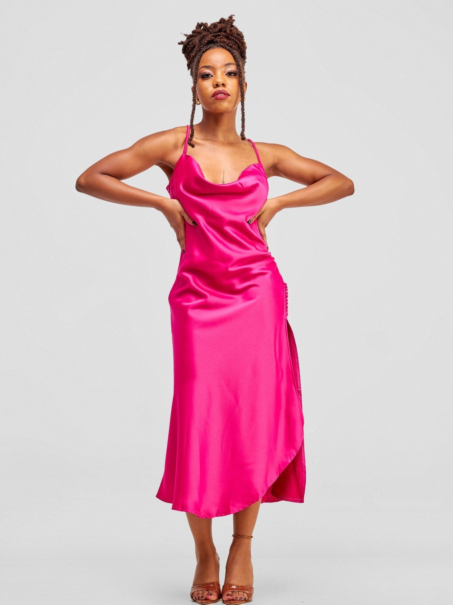 Lola Satin Slip Dress With Side Buttons - Hot Pink - Shopzetu