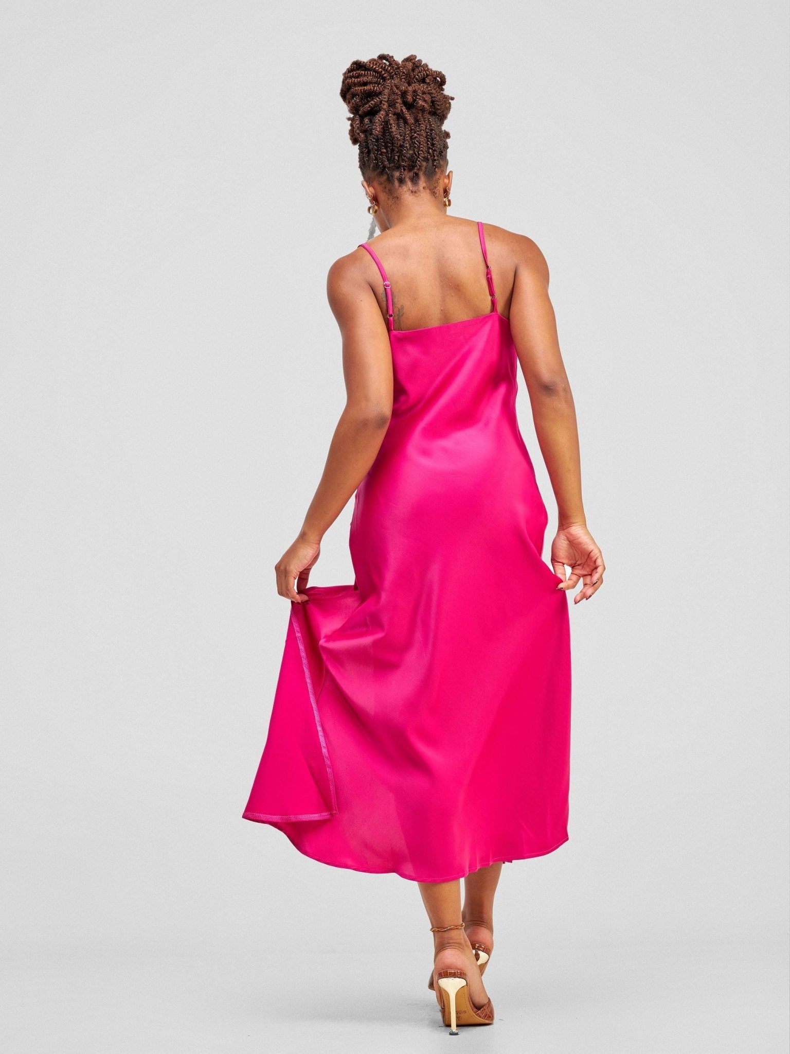 Lola Satin Slip Dress With Side Buttons - Hot Pink - Shopzetu