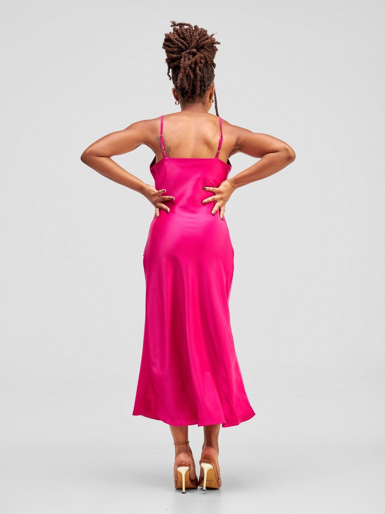 Lola Satin Slip Dress With Side Buttons - Hot Pink - Shopzetu