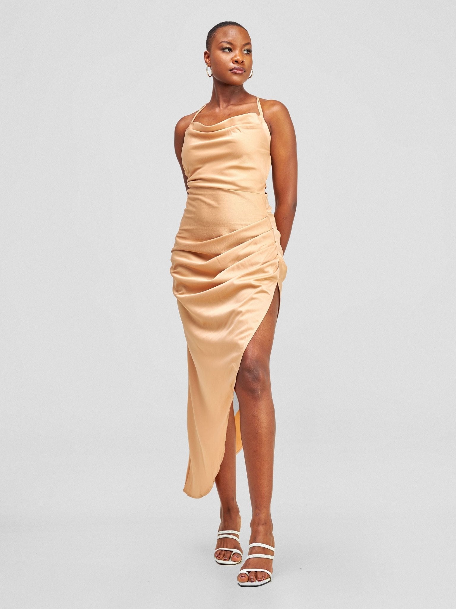 Lola Backless Strappy Satin Dress With High Side Slit - Tan - Shopzetu