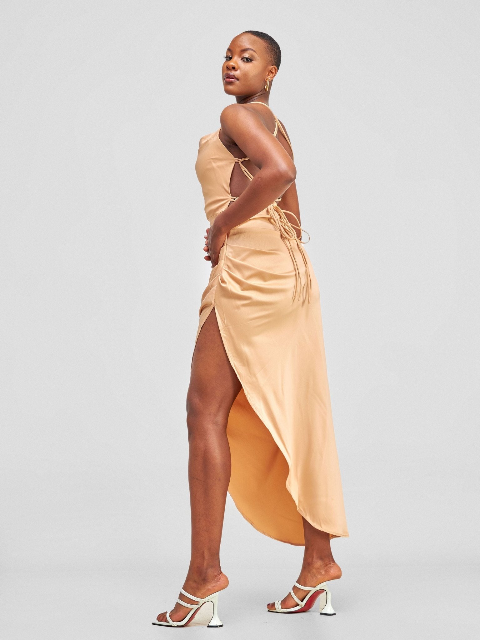 Lola Backless Strappy Satin Dress With High Side Slit - Tan - Shopzetu