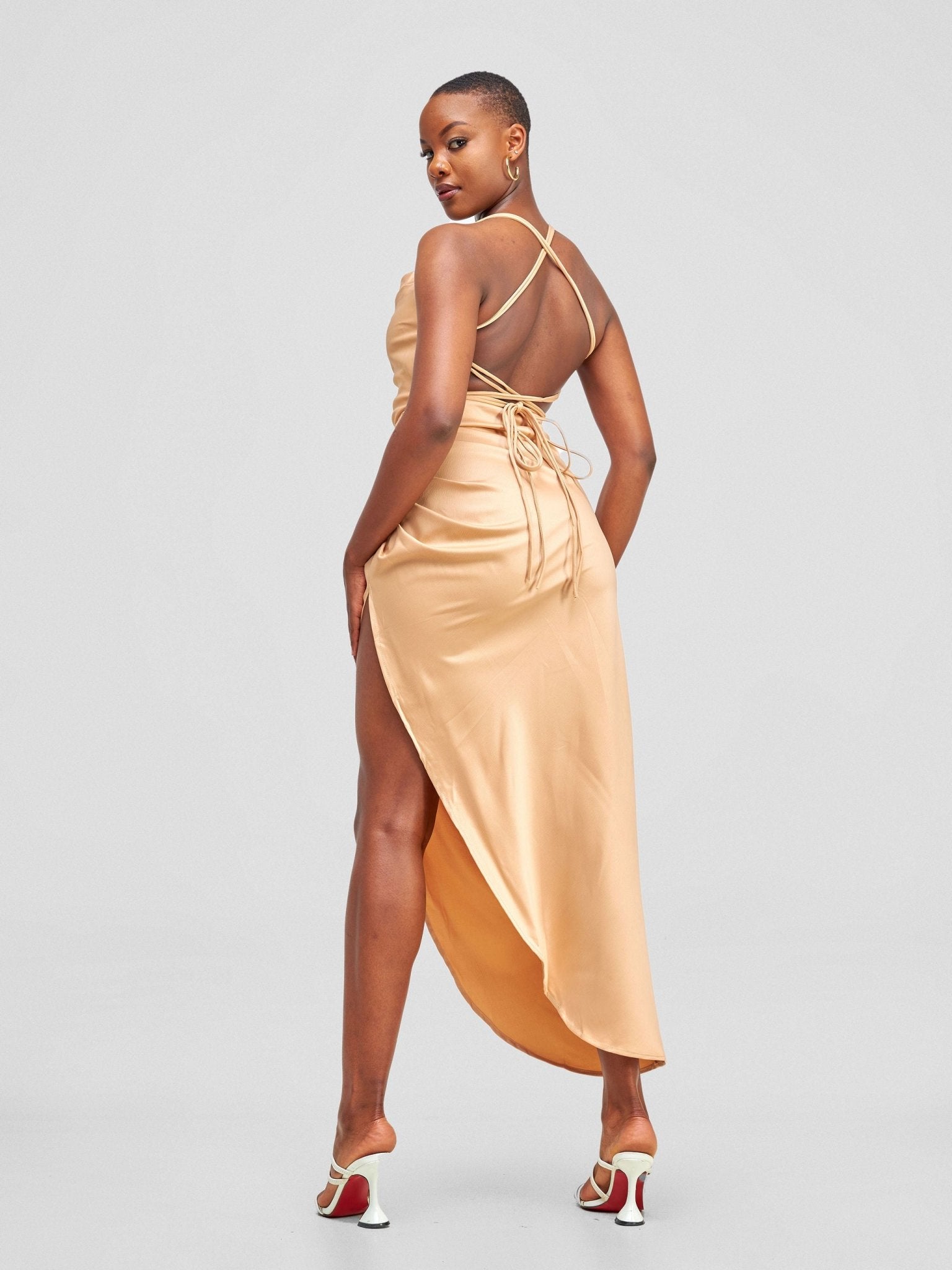 Lola Backless Strappy Satin Dress With High Side Slit - Tan - Shopzetu