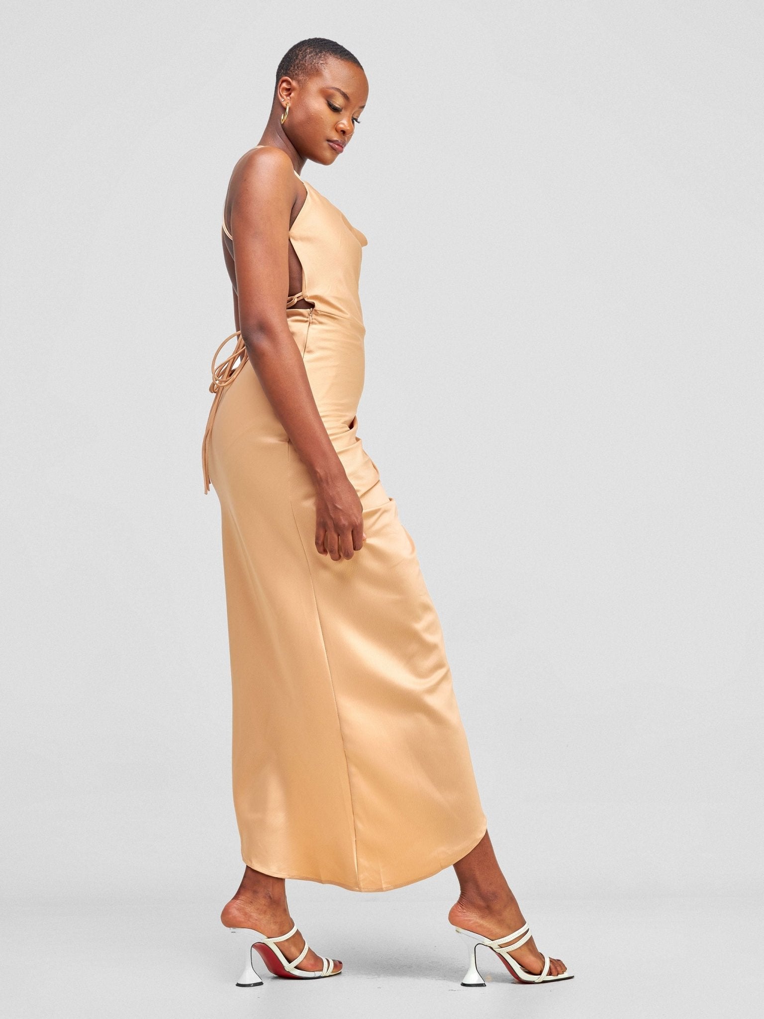 Lola Backless Strappy Satin Dress With High Side Slit - Tan - Shopzetu