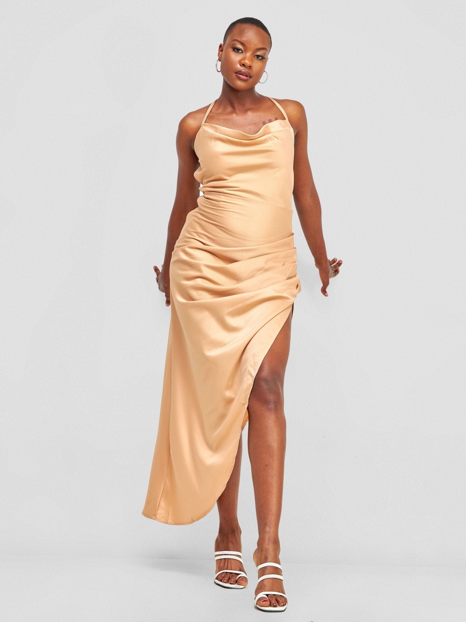 Lola Backless Strappy Satin Dress With High Side Slit - Tan - Shopzetu