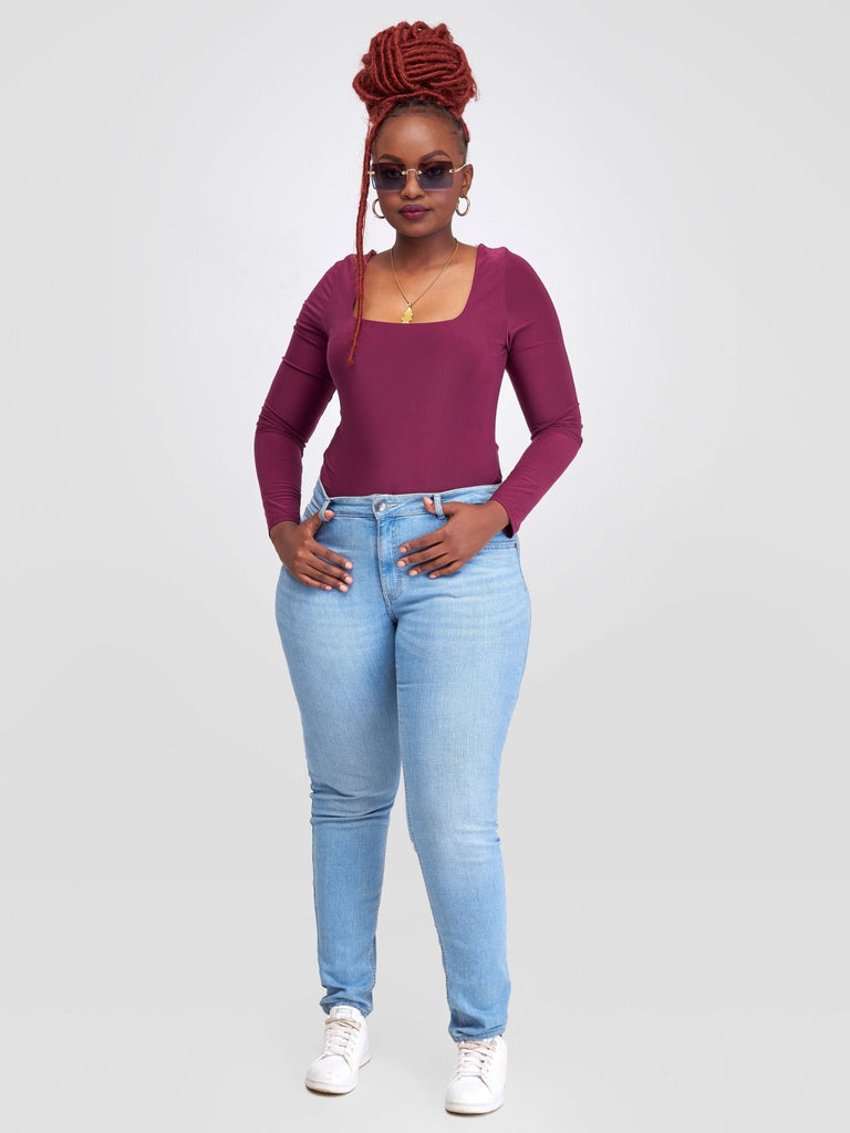 Popular 21 Long Sleeve Double Layered Square Neck Bodysuit - Wine - Shopzetu