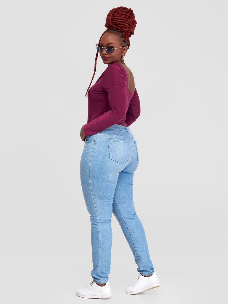 Popular 21 Long Sleeve Double Layered Square Neck Bodysuit - Wine - Shopzetu