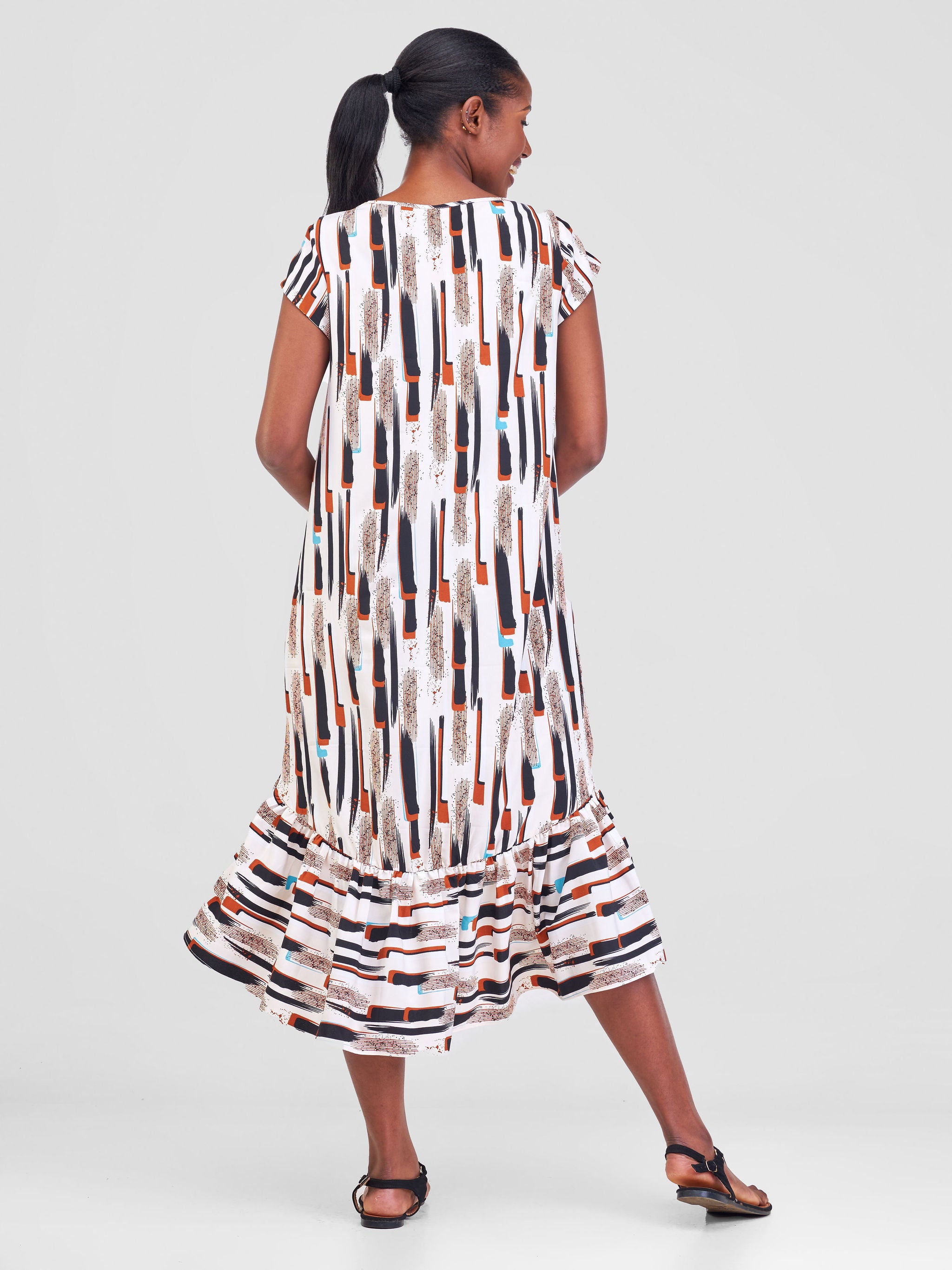 Vivo Ayana Cap Sleeve High Low Tent Dress - Cream / Brown Print
