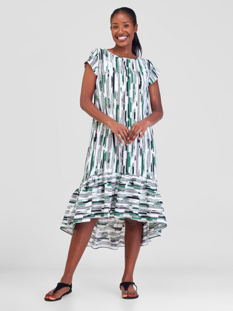 Vivo Ayana Cap Sleeve High Low Tent Dress - Green Print - Shopzetu
