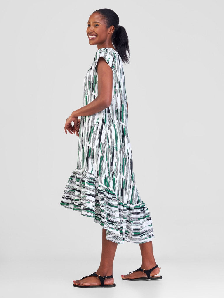 Vivo Ayana Cap Sleeve High Low Tent Dress - Green Print - Shopzetu