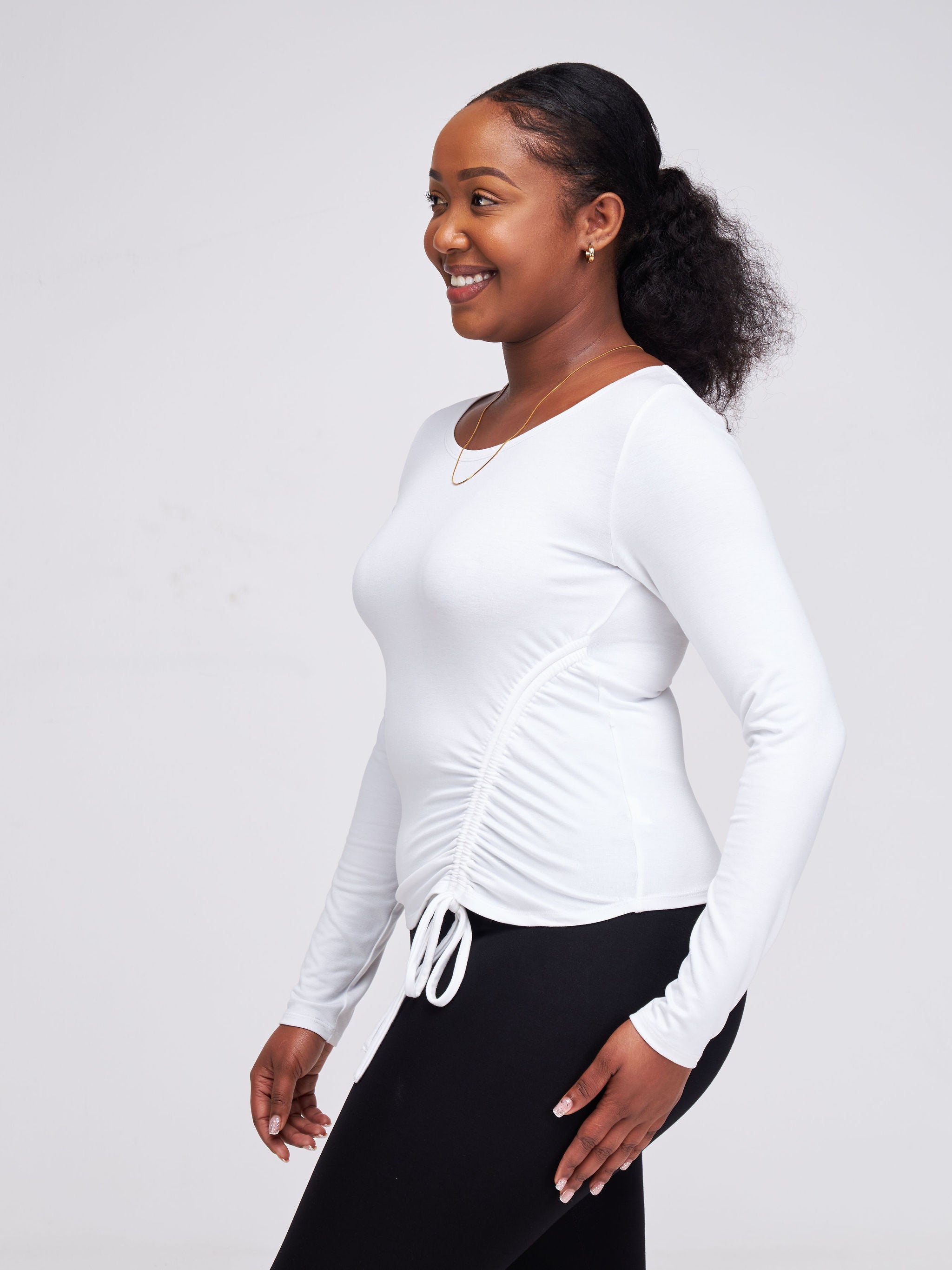 Safari Anga Long Sleeve Drawstring Top - White