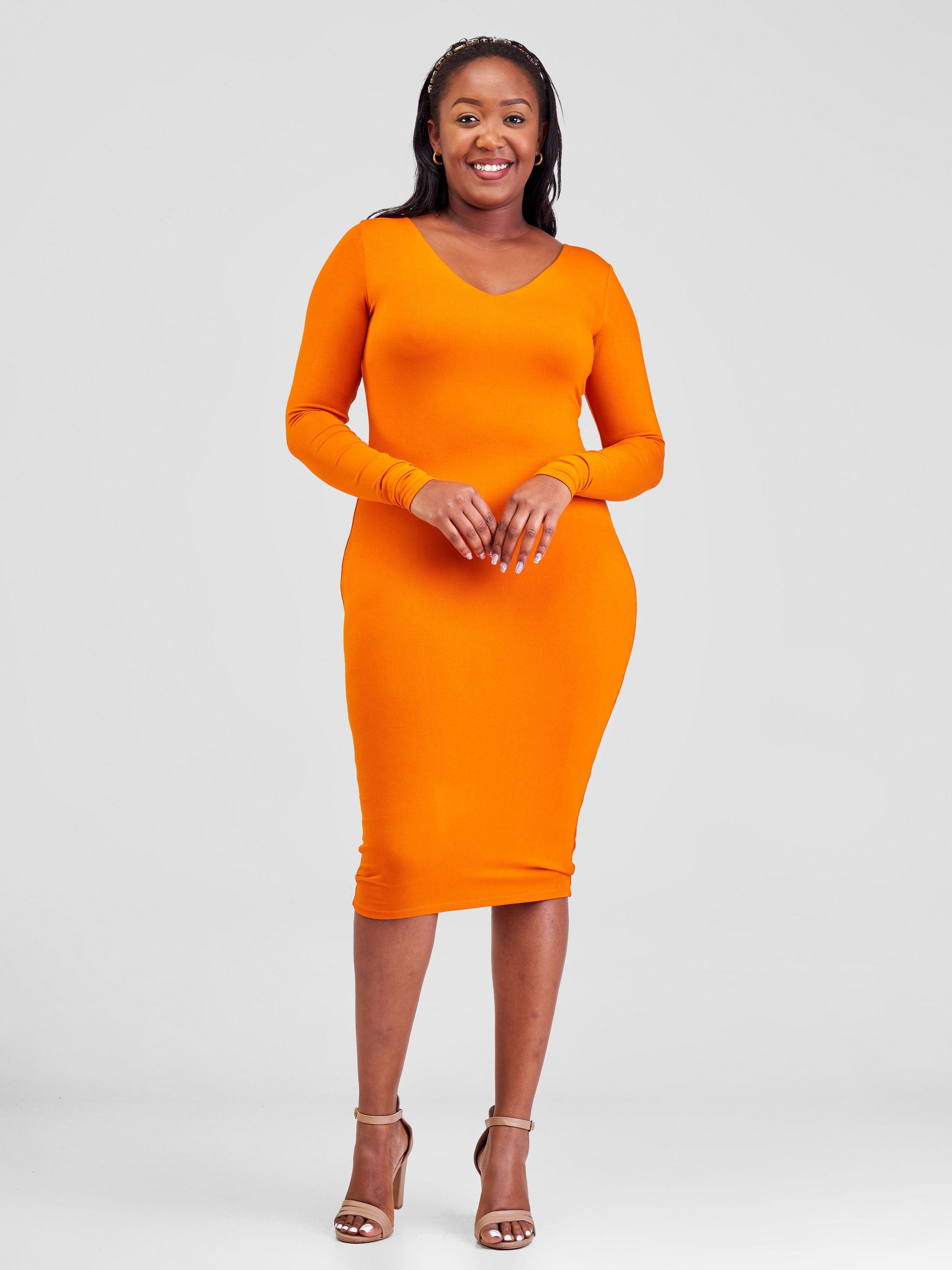 Vivo Basic Double Layered Long Sleeve Bodycon - Orange