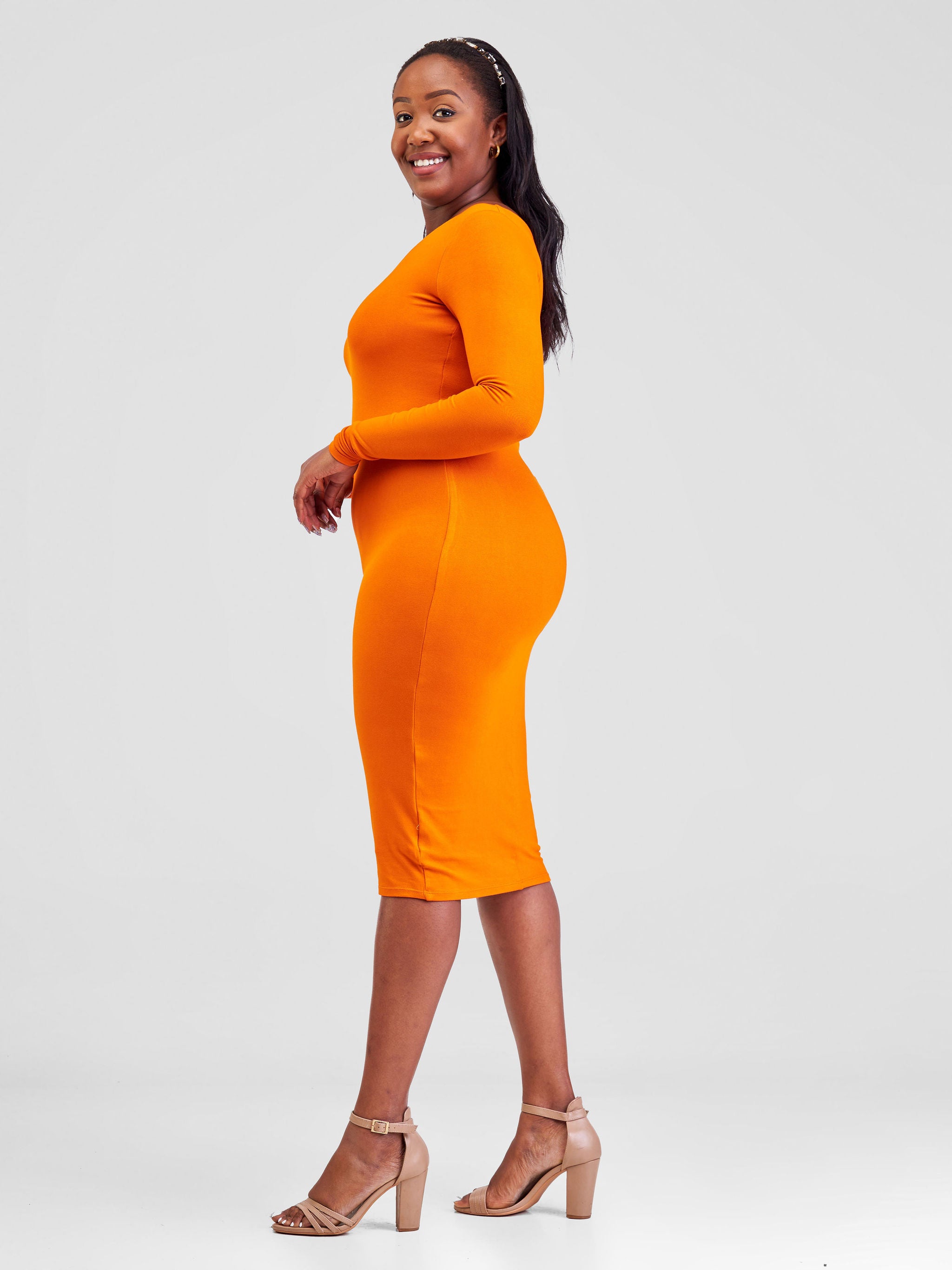 Vivo Basic Double Layered Long Sleeve Bodycon - Orange