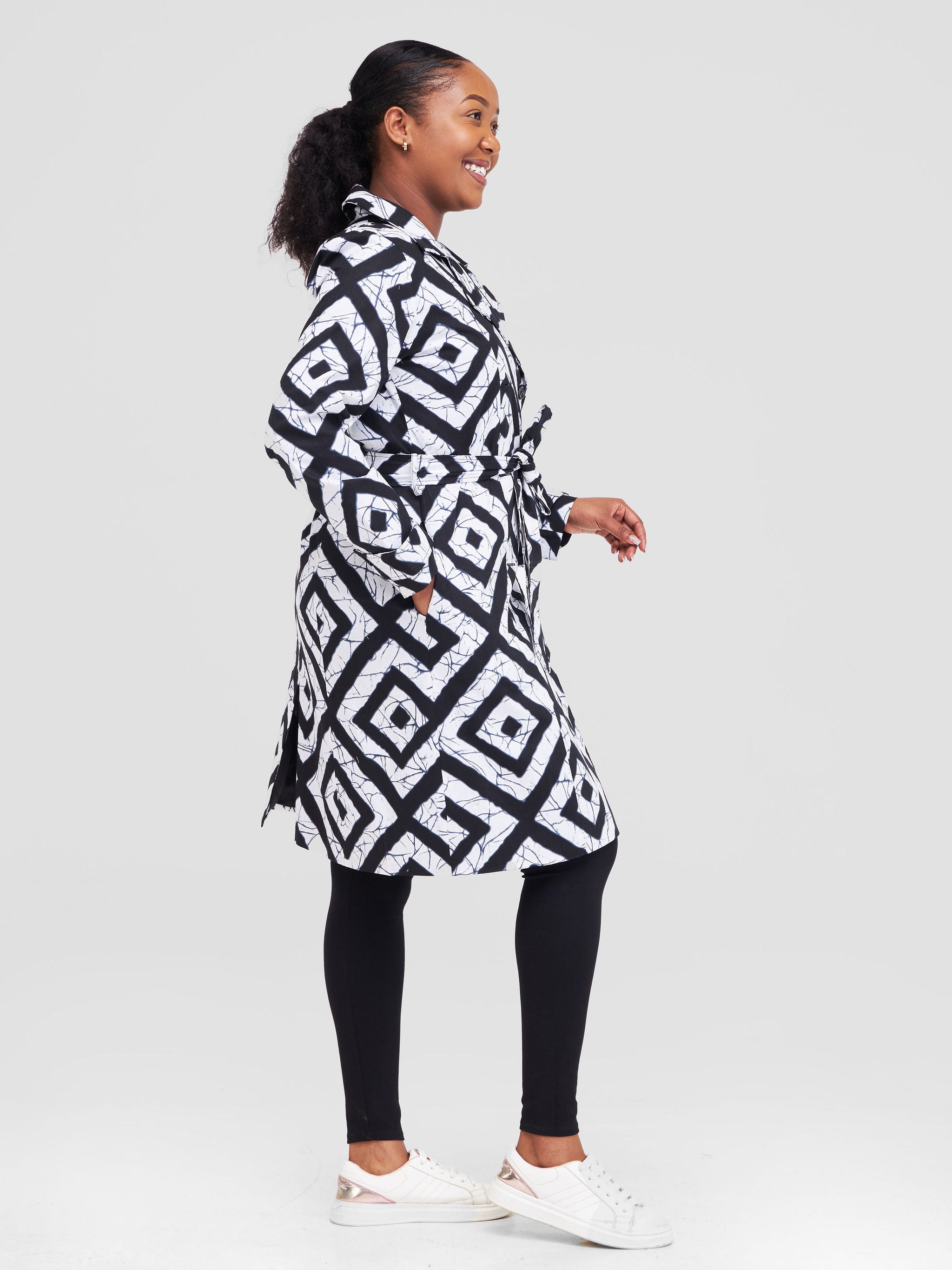 Safari Anga Trench Coat - Black / White Ankara Print