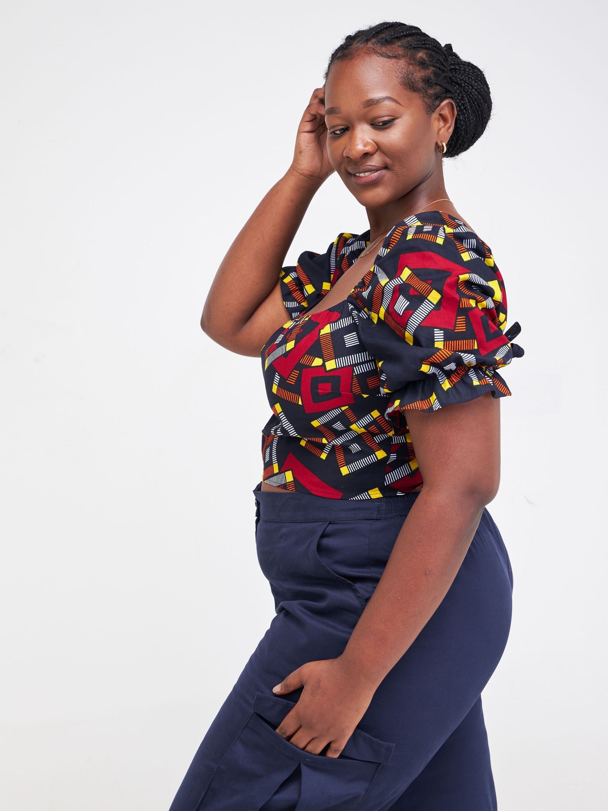 Safari Anga Puffy Short Sleeve Tie Top - Navy Blue / Orange Ankara Print