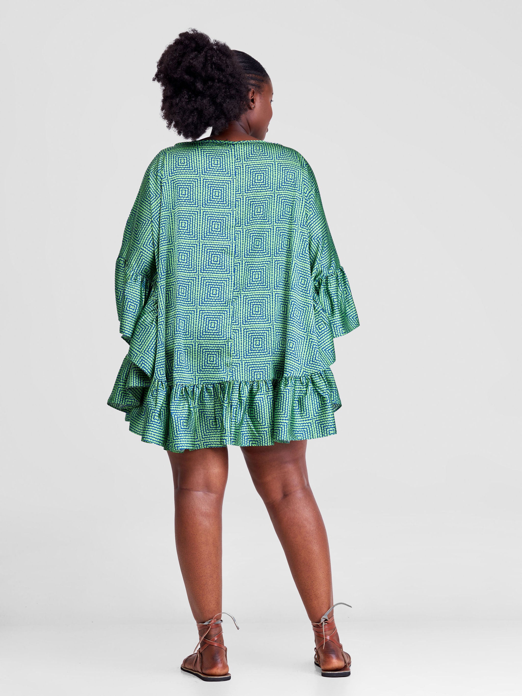 Vivo Malindi Tunic Dress With Frills - Green / Blue Abstract Print