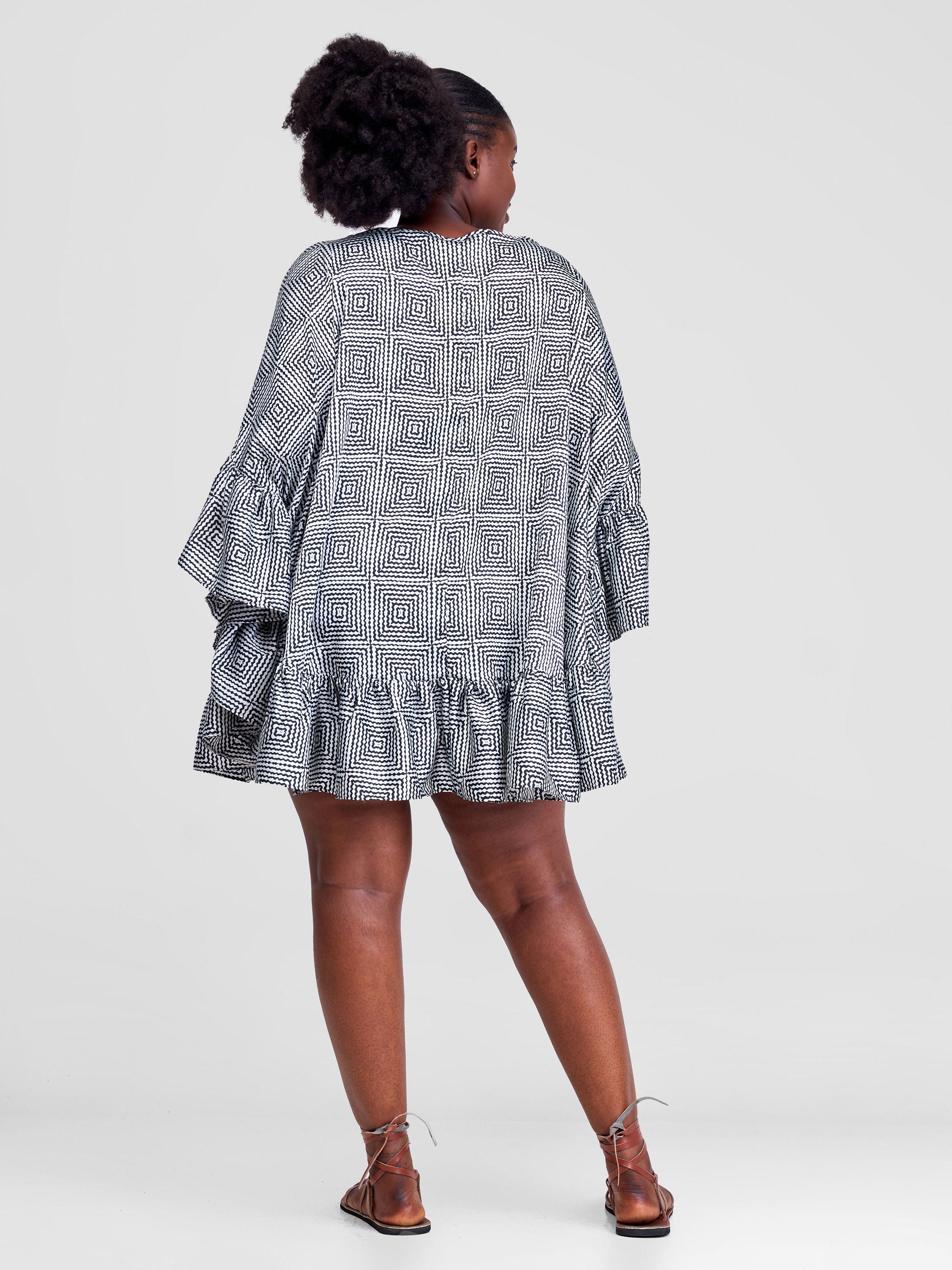 Vivo Malindi Tunic Dress With Frills - Black / White Abstract Print