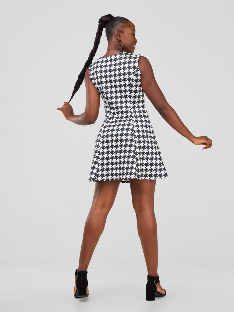 Zoya Sitawi A-line Mini Dress - Black / White Abstract Print - Shopzetu