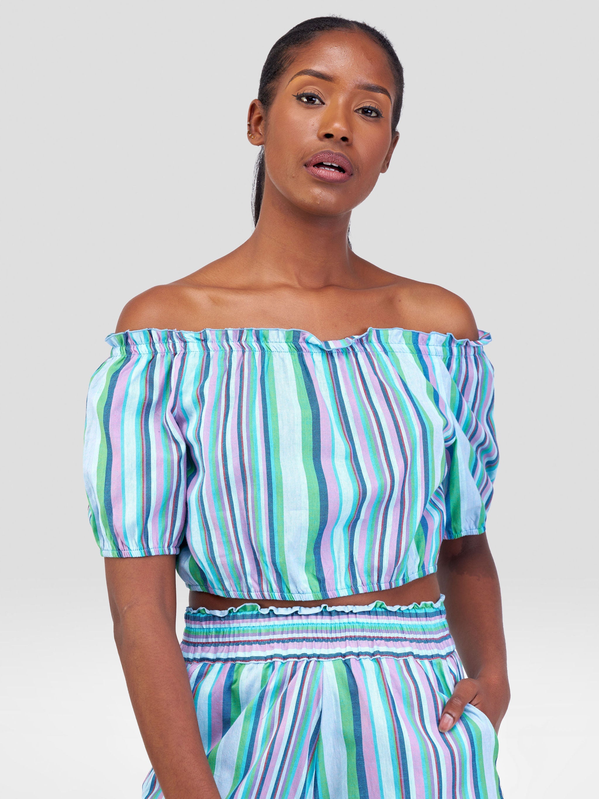 Safari Kikoy Off Shoulder Crop Top - Blue / Pink Print