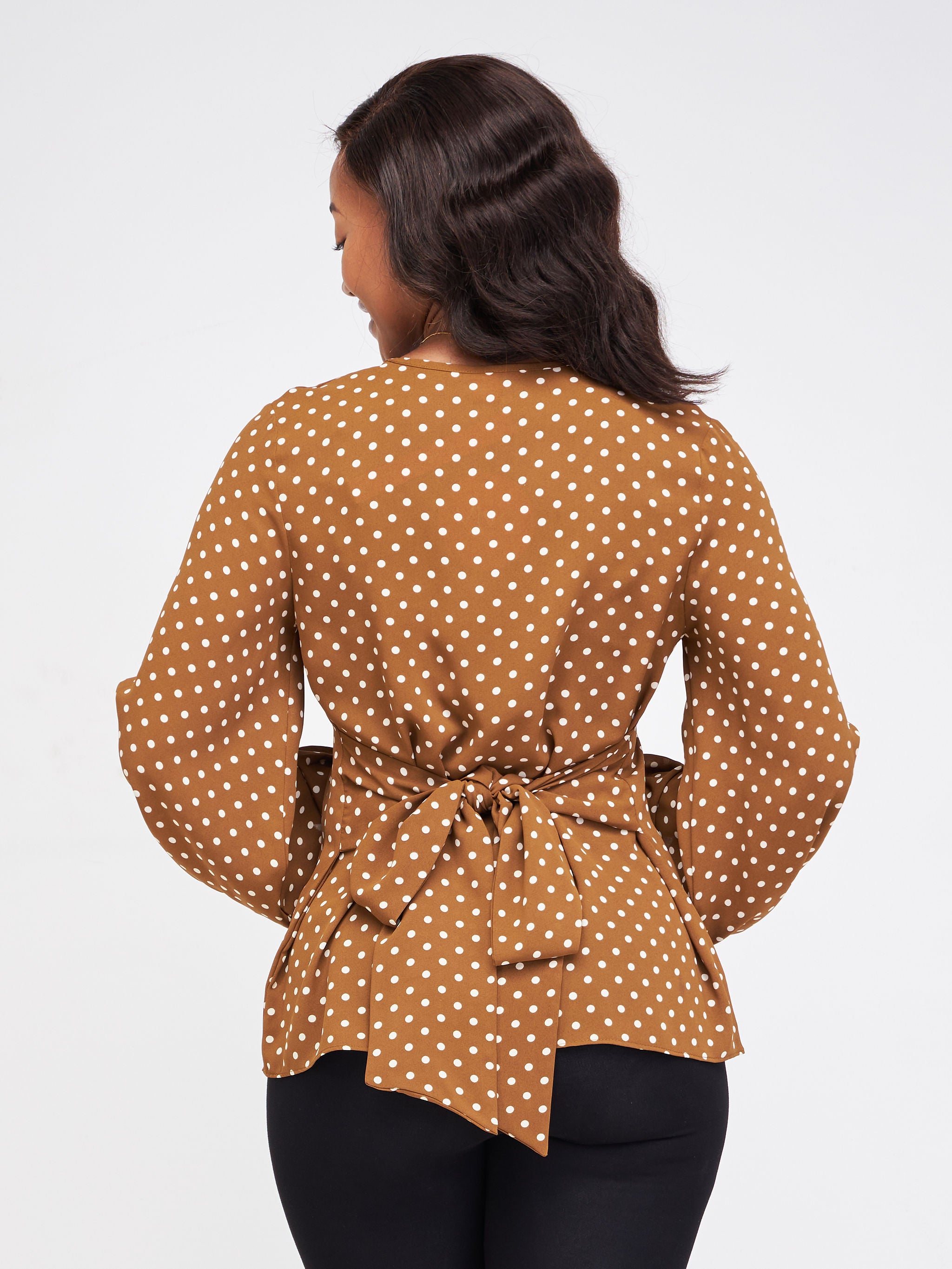 Vivo Basic Crepe Tie Top - Brown / Cream Polka Dot Print