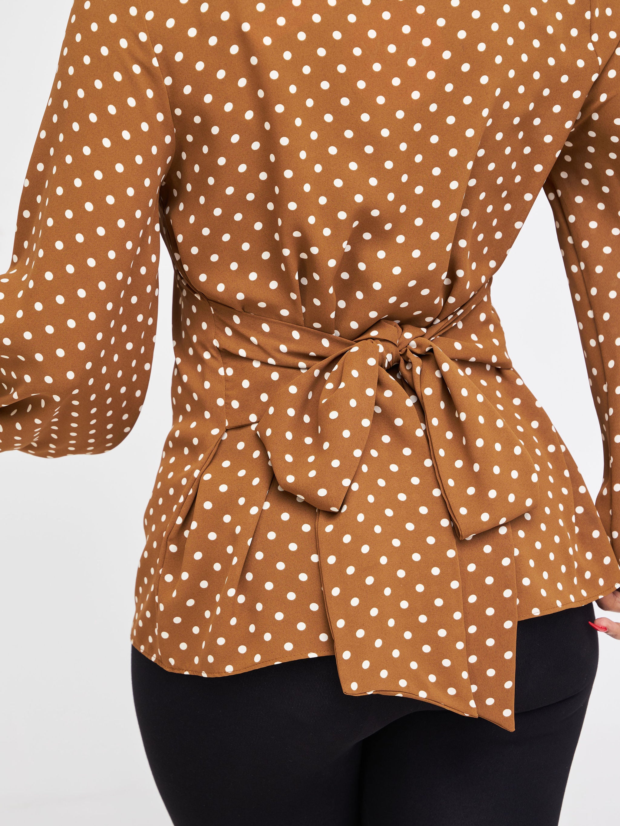 Vivo Basic Crepe Tie Top - Brown / Cream Polka Dot Print
