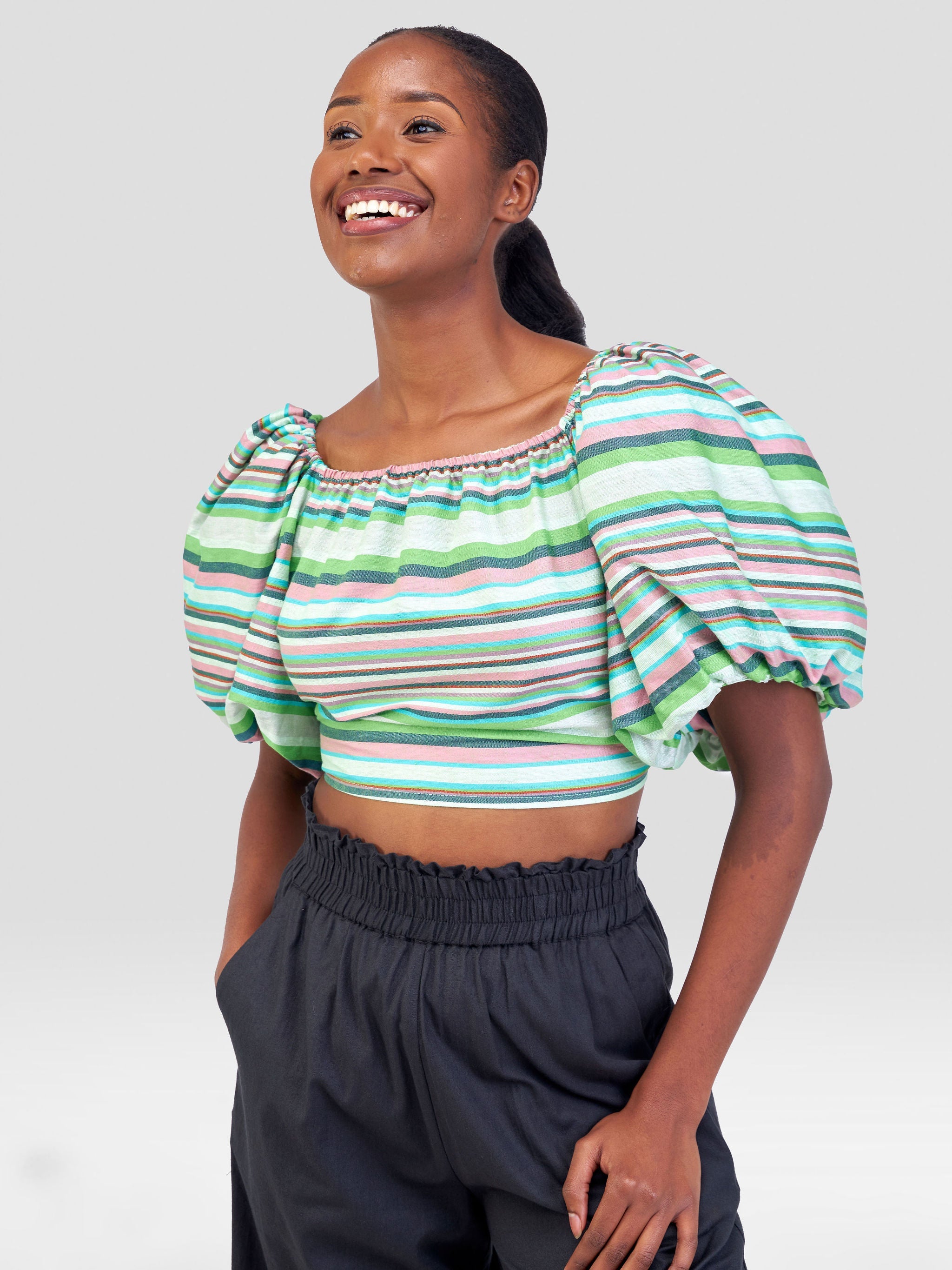 Safari Kikoy Bubble Sleeve Crop Wrap Top - Green Print