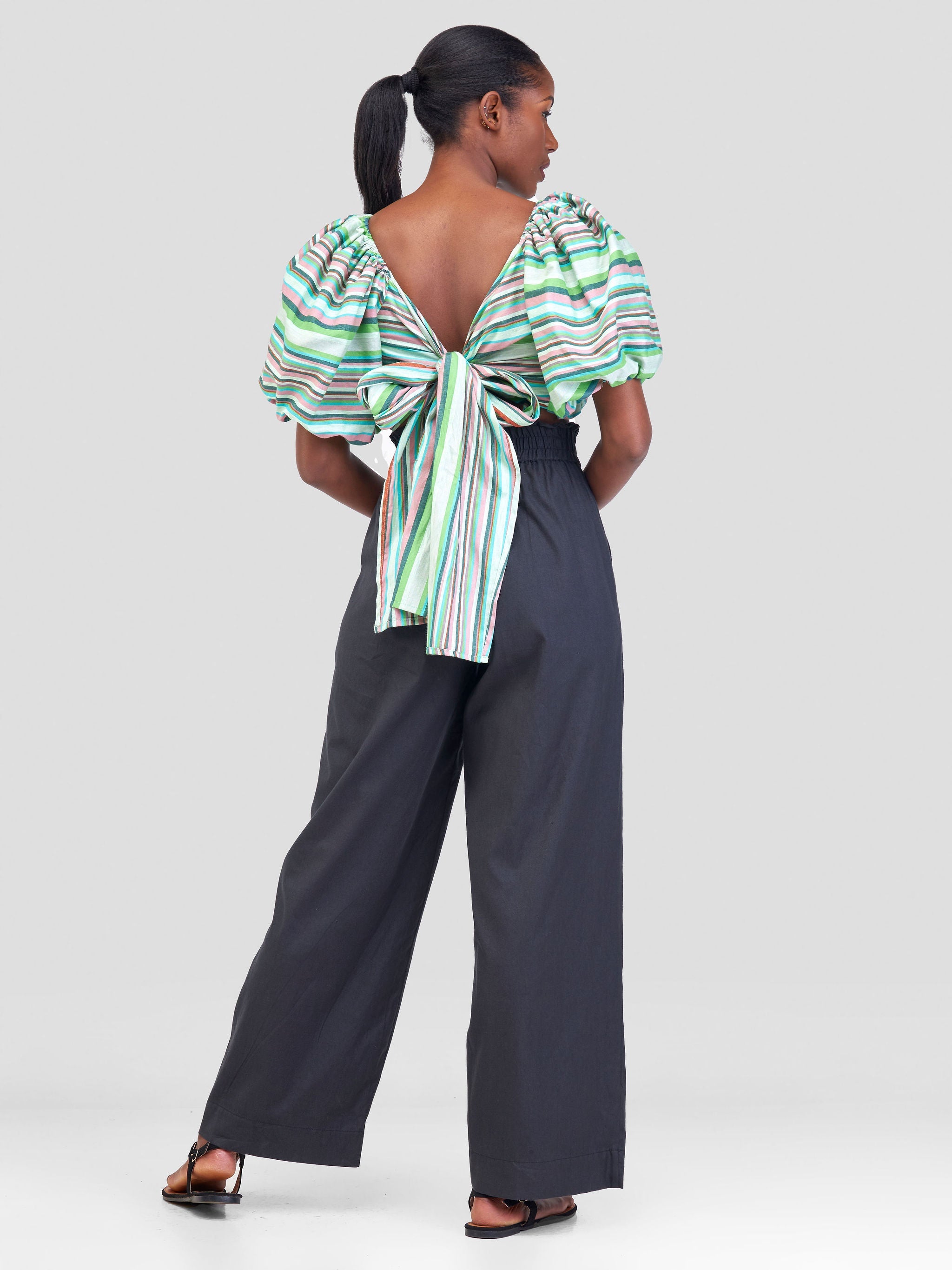 Safari Kikoy Bubble Sleeve Crop Wrap Top - Green Print