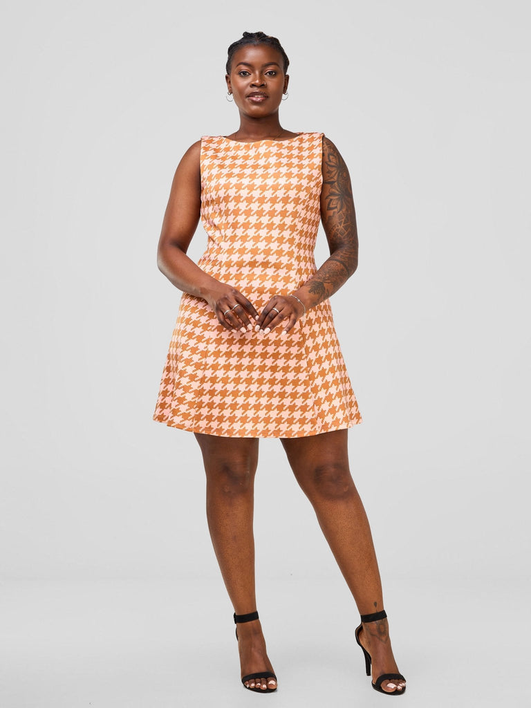 Zoya Sitawi A-line Mini Dress - Pink / Nude Abstract Print - Shopzetu