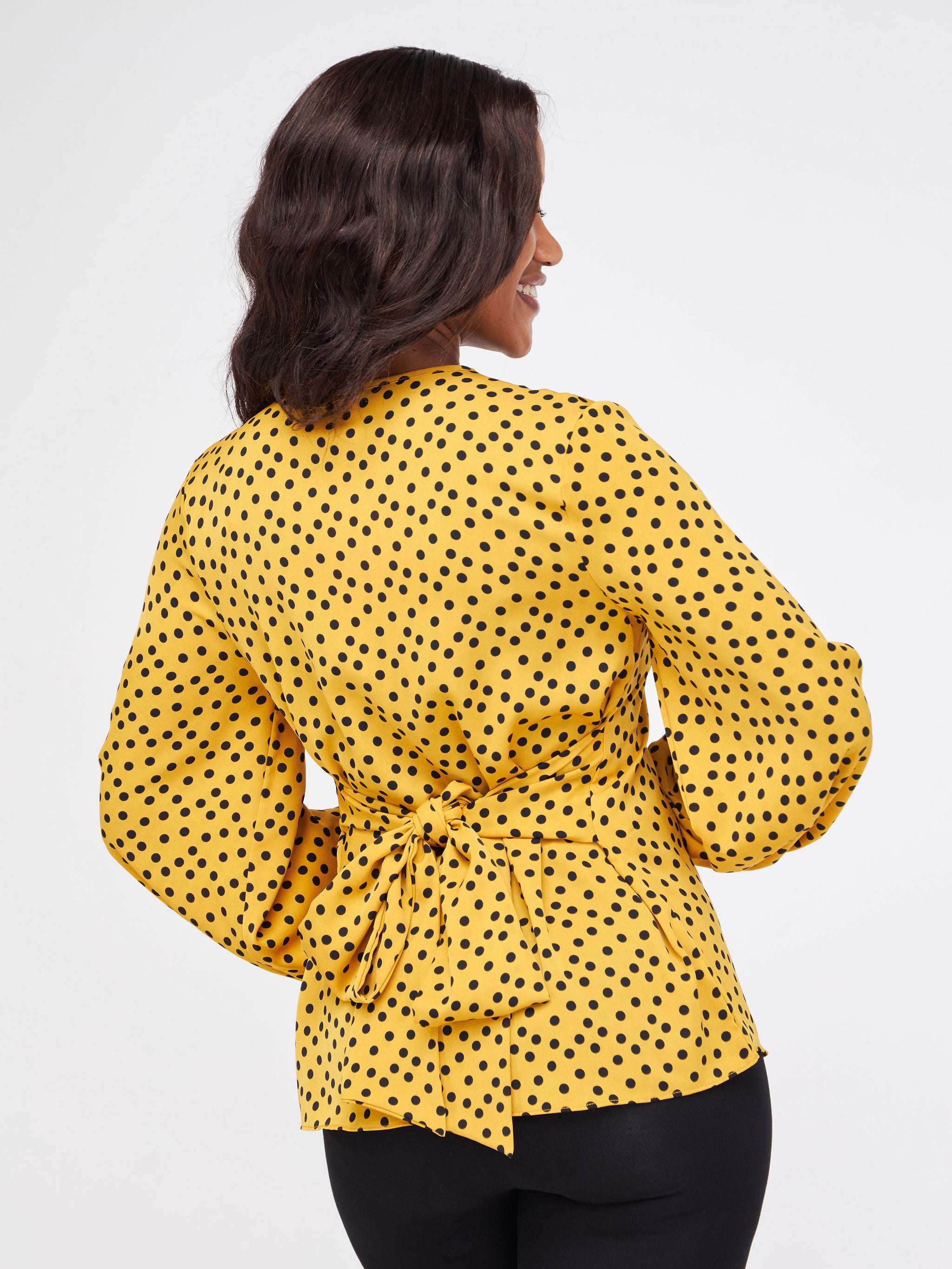 Vivo Basic Crepe Tie Top - Mustard / Black Polka Dot