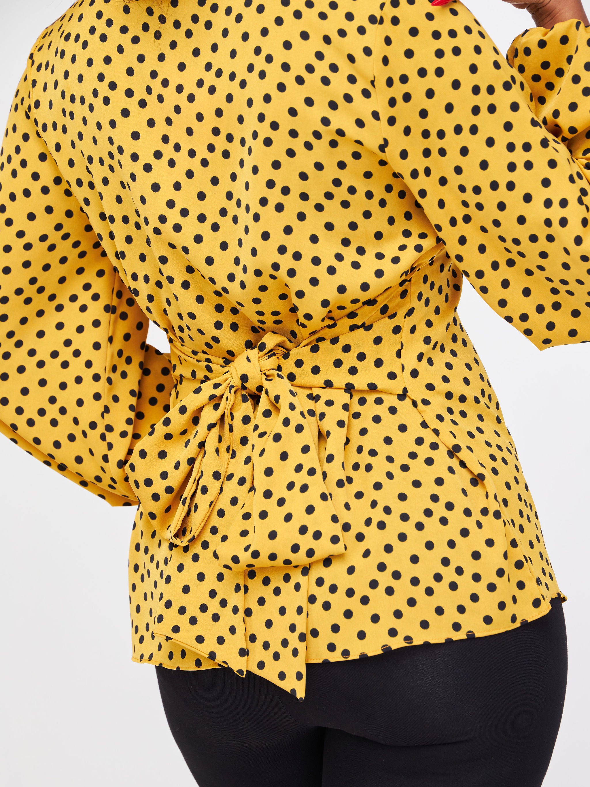 Vivo Basic Crepe Tie Top - Mustard / Black Polka Dot