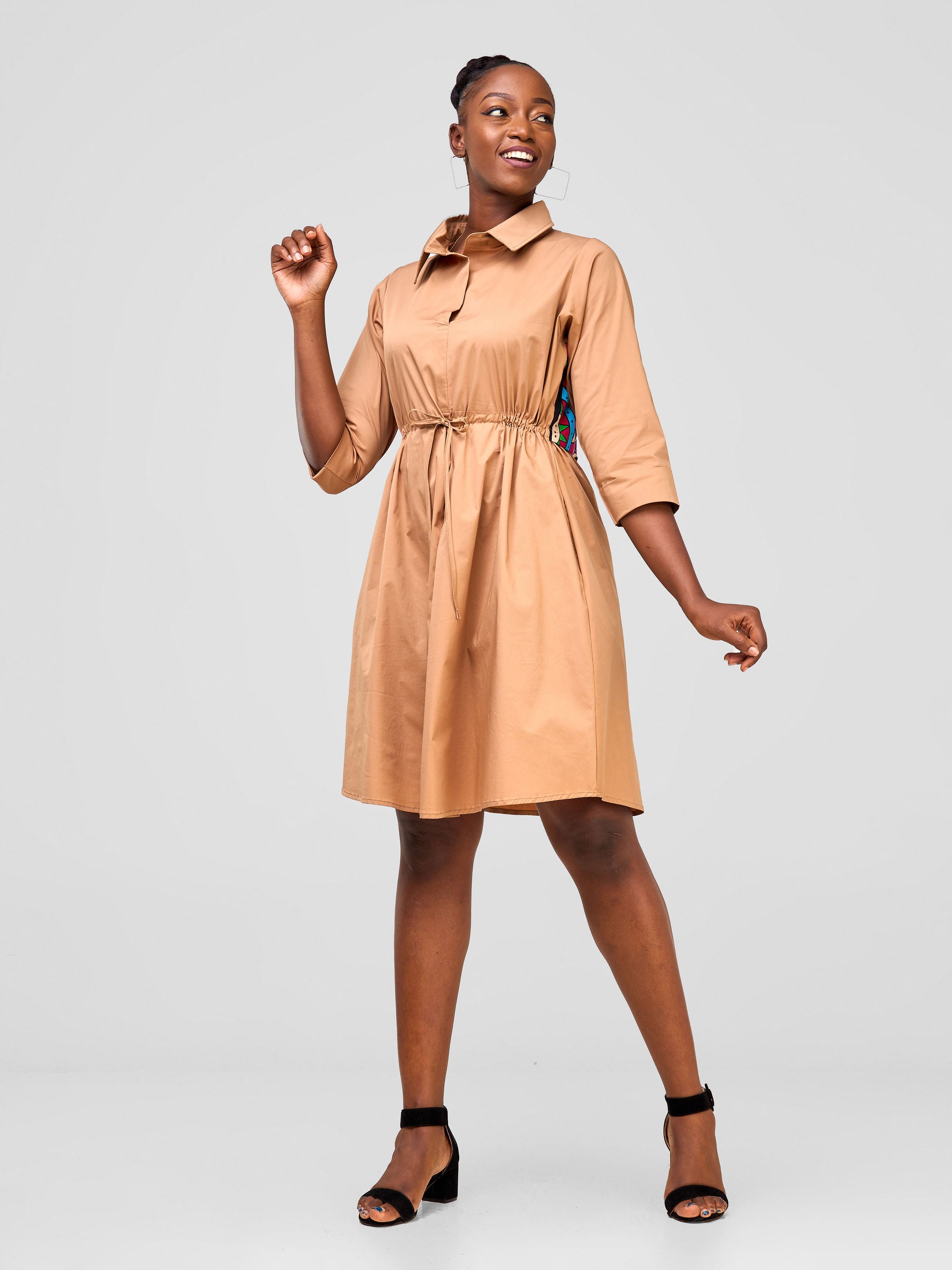 Safari Lira Drawstring Knee Length Dress - Taupe (Blue / Taupe Print)