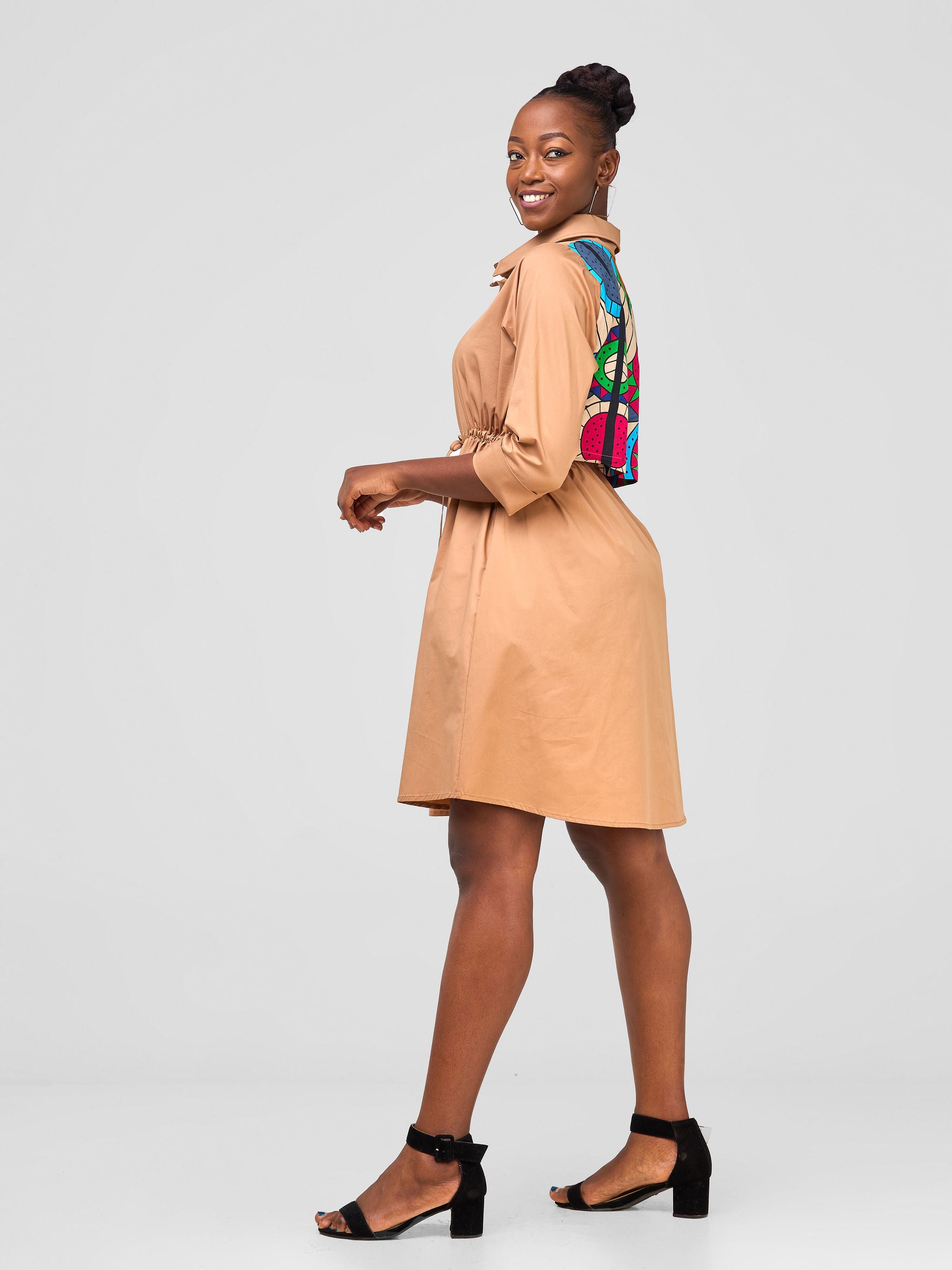 Safari Lira Drawstring Knee Length Dress - Taupe (Blue / Taupe Print)