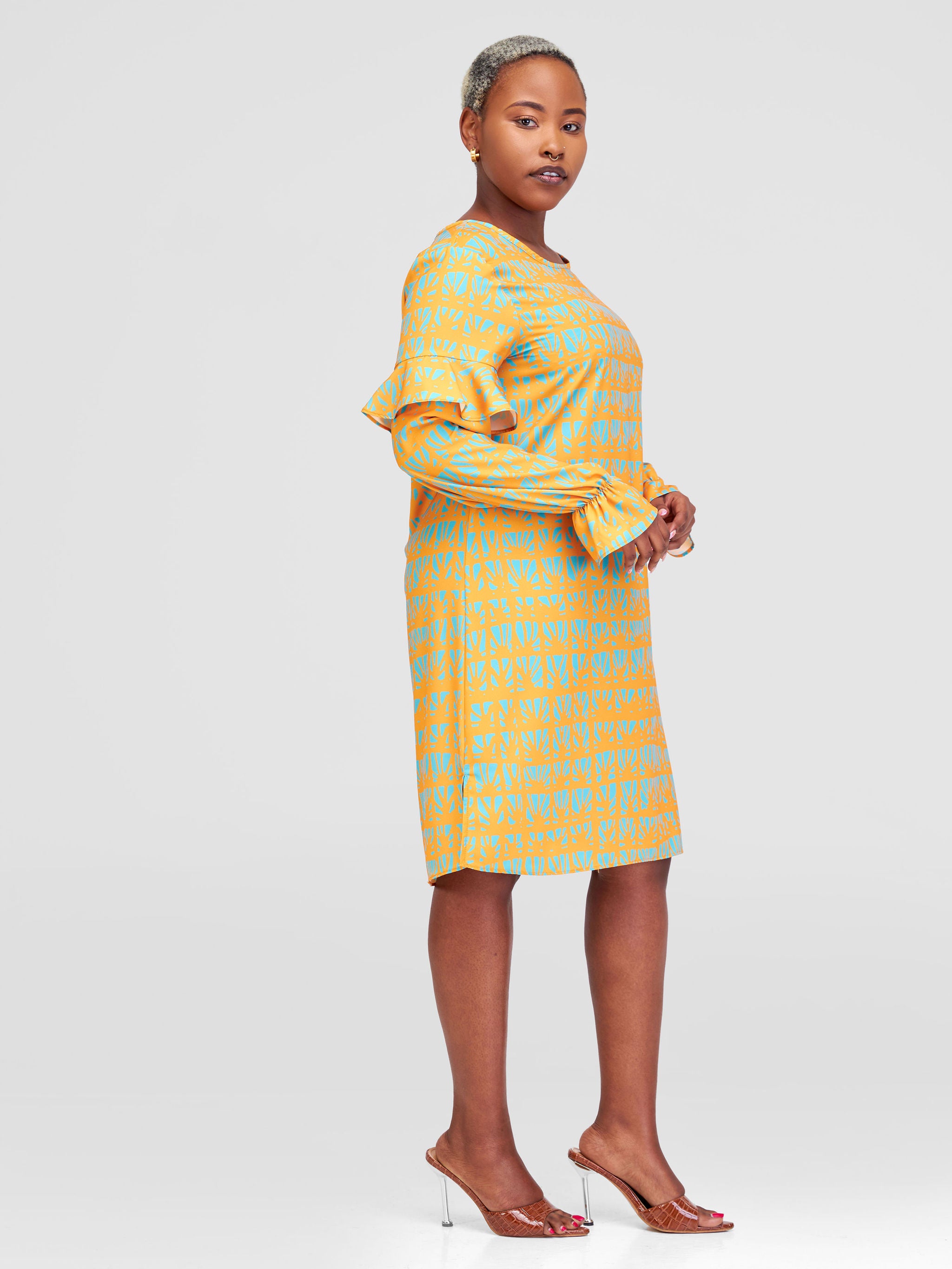 Vivo Ziwa Ruffle Long Sleeve Shift Dress (Petite) -  Mustard / Teal Mtende Abstract Print