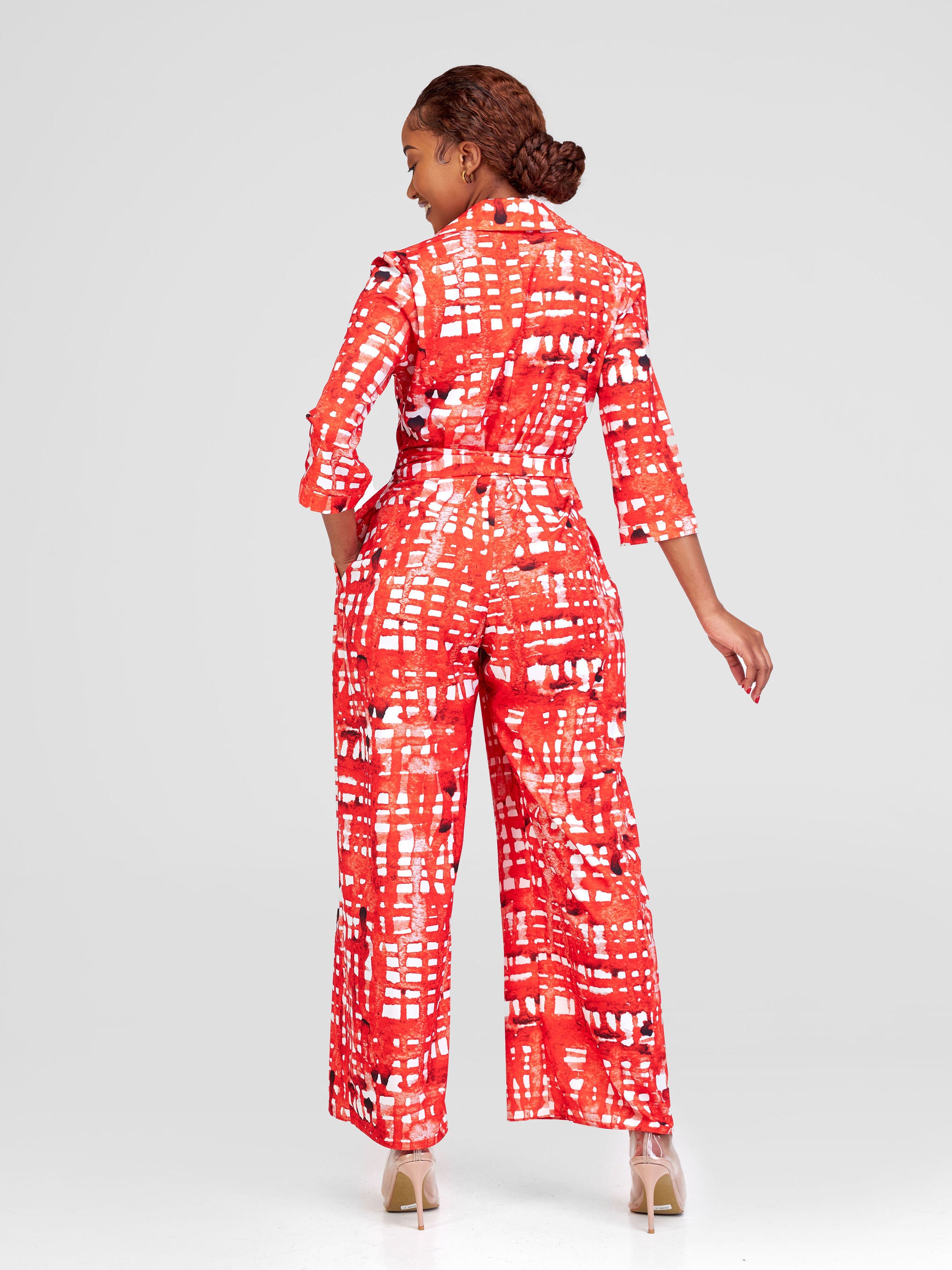 Vivo Ziwa 3/4 Sleeve Collar Jumpsuit - Red / Off White Zuri Abstract Print