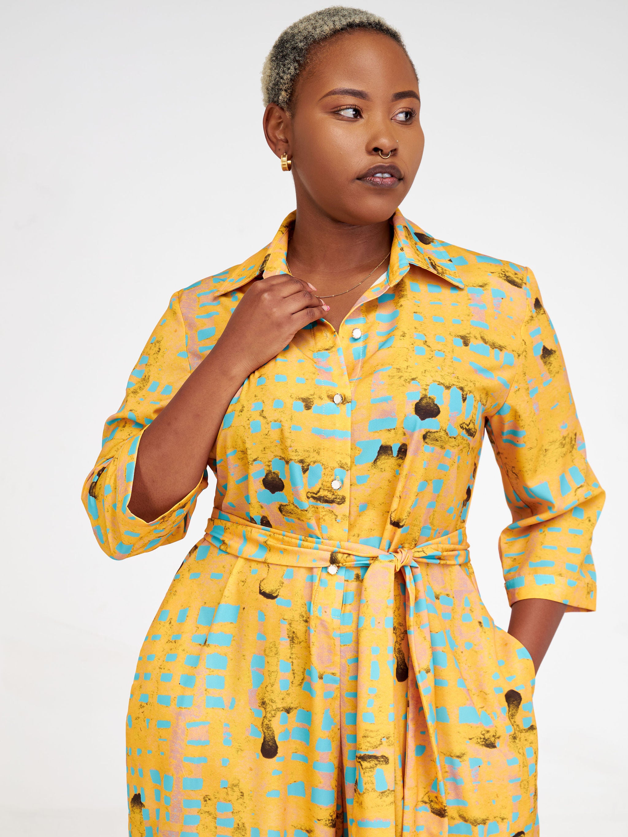 Vivo Ziwa 3/4 Sleeve Collar Jumpsuit - Mustard / Teal Zuri Abstract Print