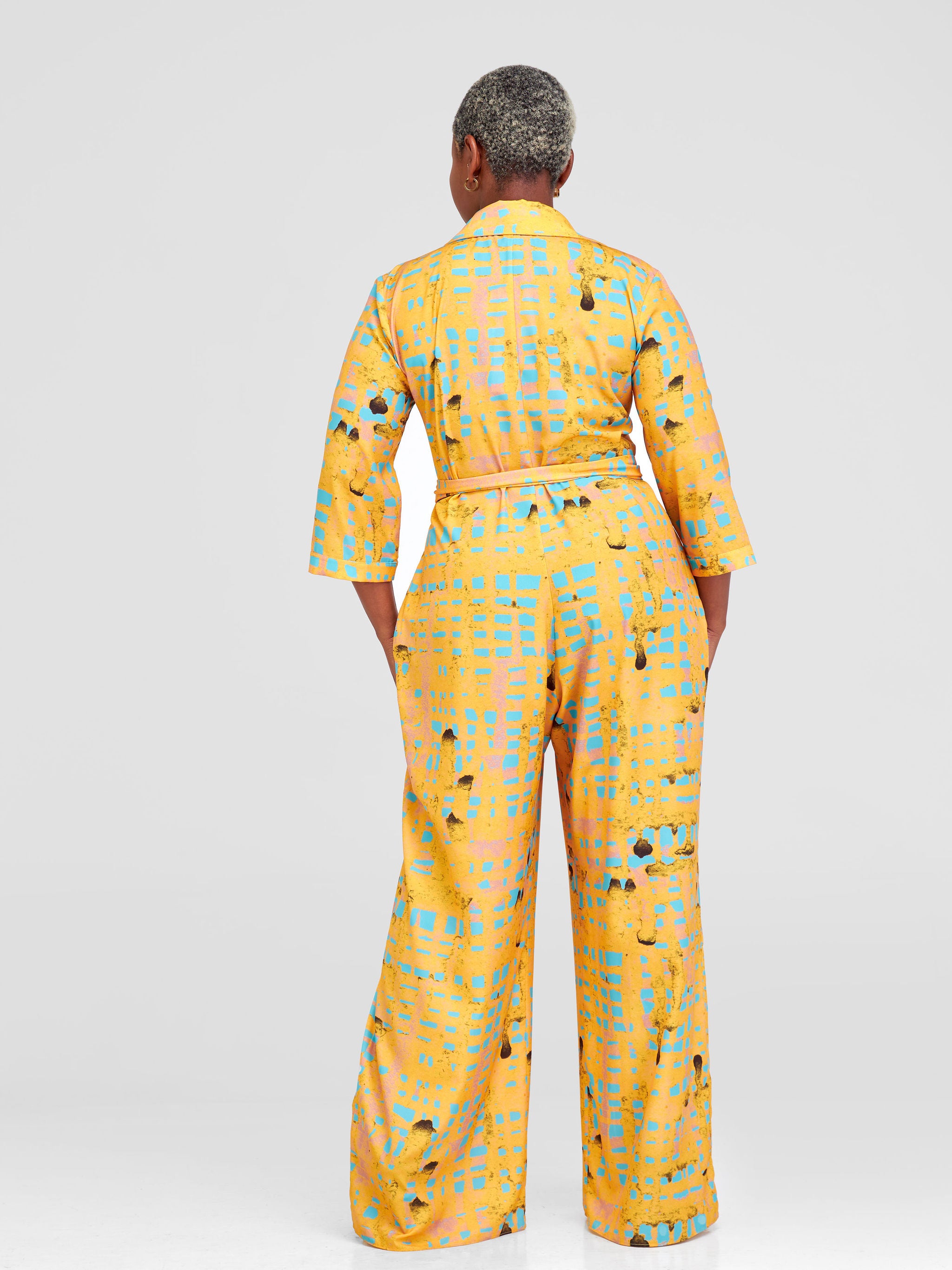 Vivo Ziwa 3/4 Sleeve Collar Jumpsuit - Mustard / Teal Zuri Abstract Print