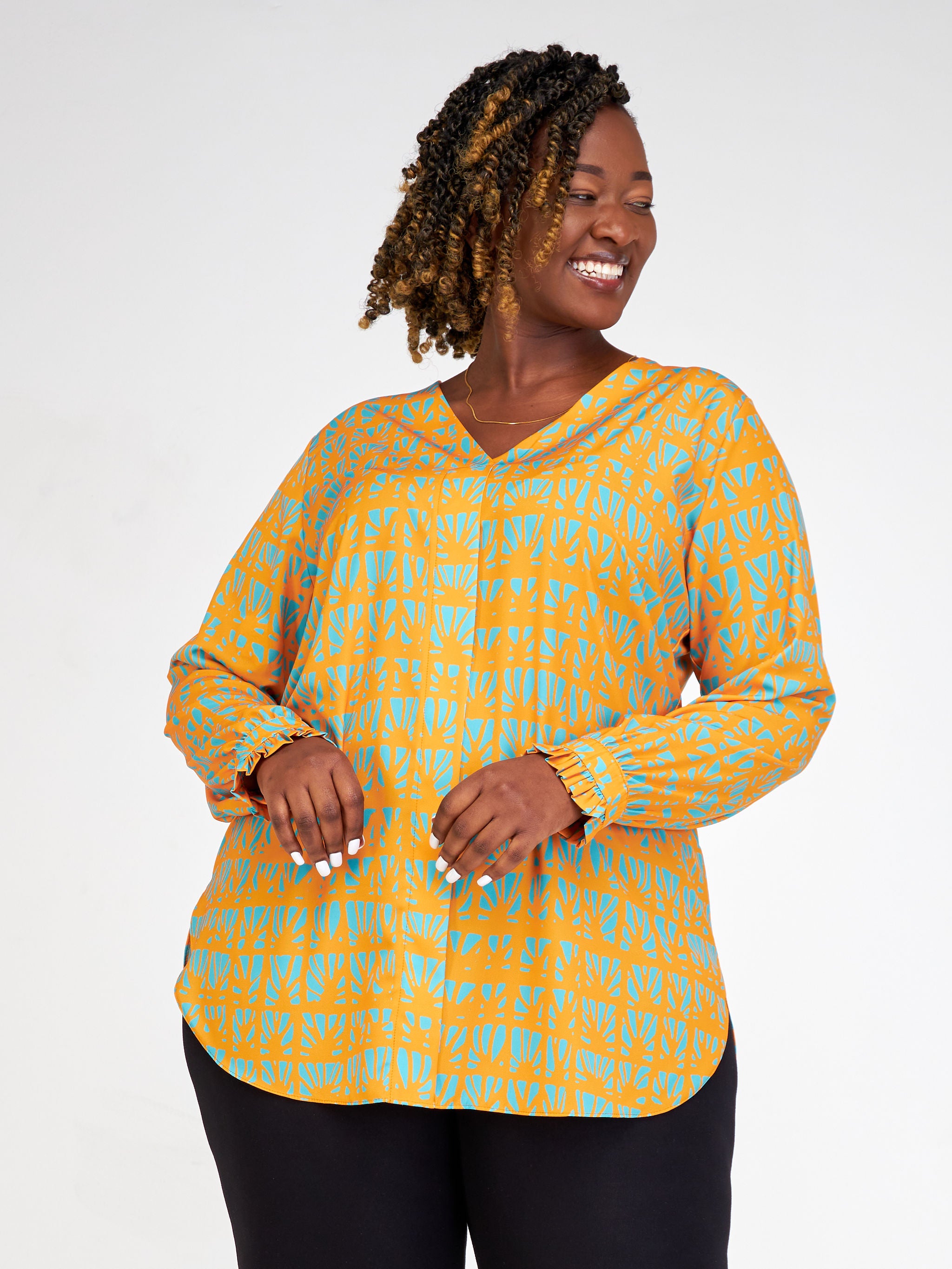 Vivo Ziwa V-Neck Long Sleeve Cuff Tunic - Mustard / Teal Mtende Abstract Print