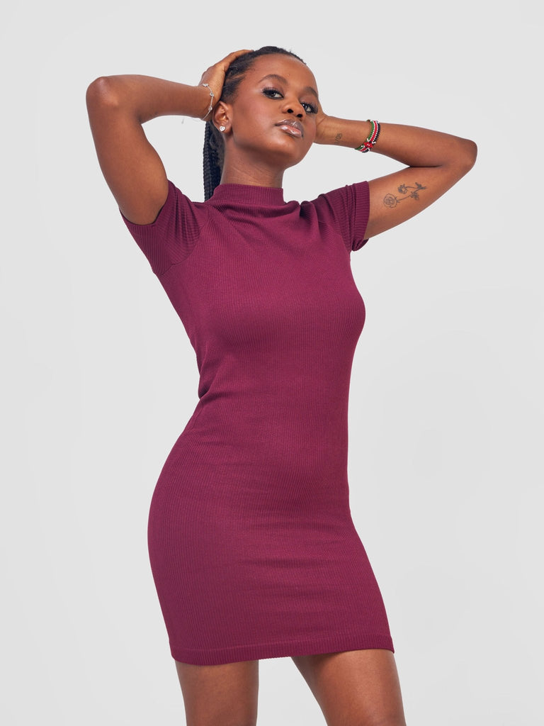 Carrie Wahu X SZ Seamless Mock Neck S/S Dress - Wine - Shopzetu