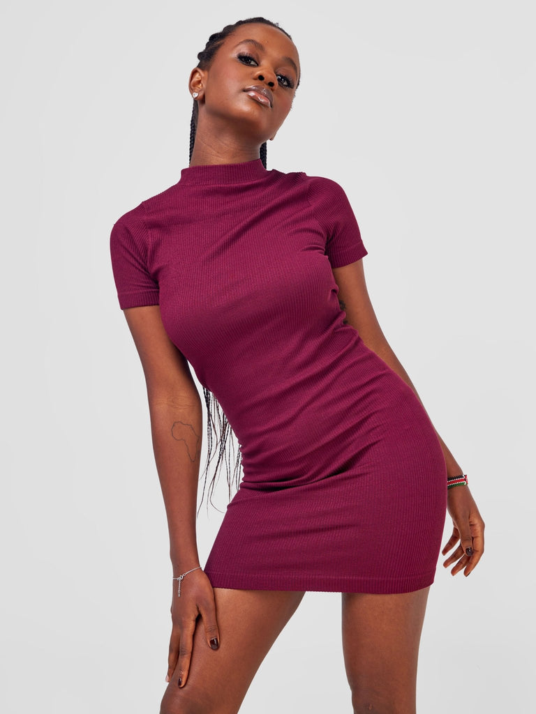 Carrie Wahu X SZ Seamless Mock Neck S/S Dress - Wine - Shopzetu