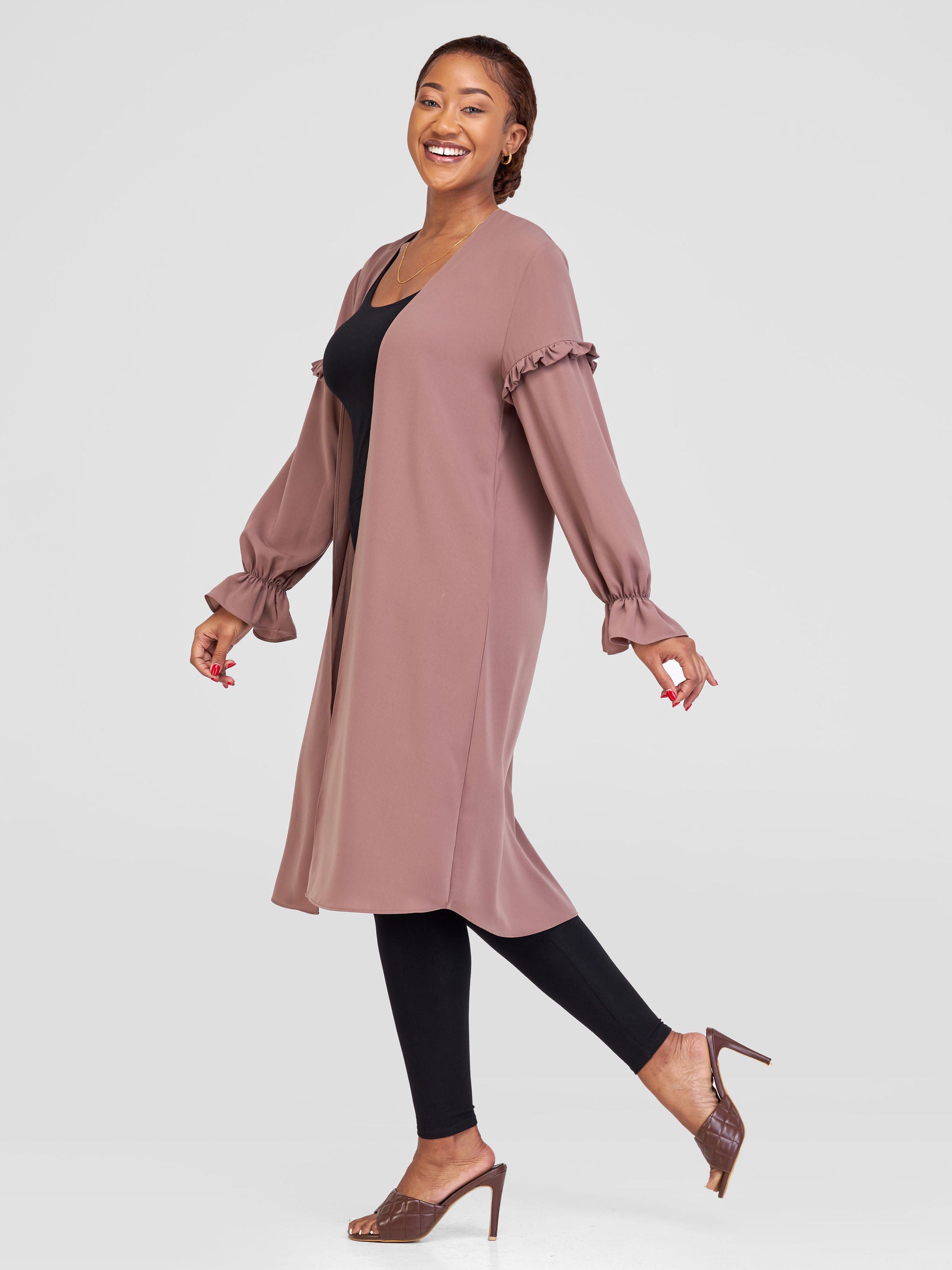 Vivo Ziwa Long Sleeve Ruffle Midi Kimono - Dark Taupe