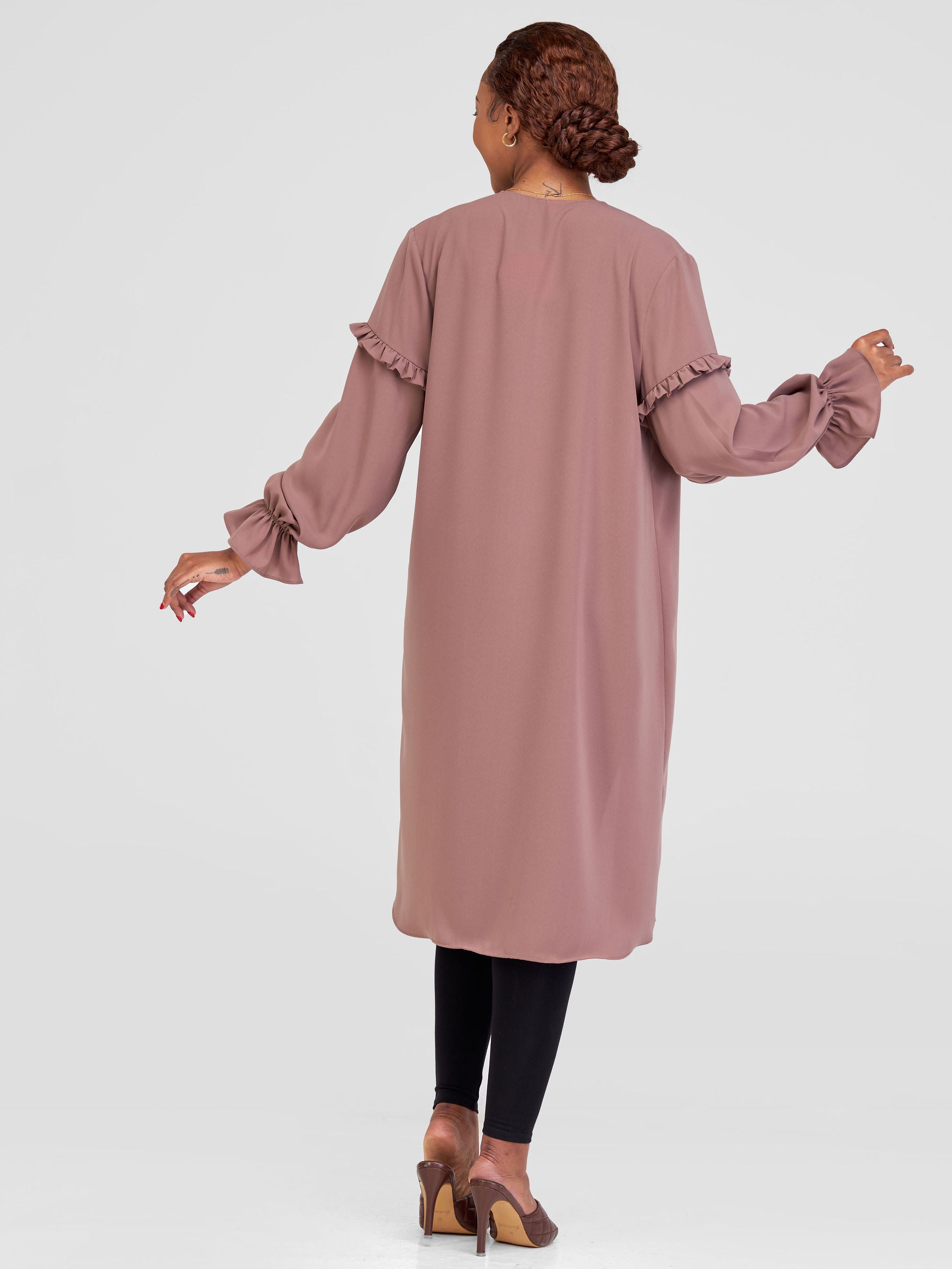 Vivo Ziwa Long Sleeve Ruffle Midi Kimono - Dark Taupe