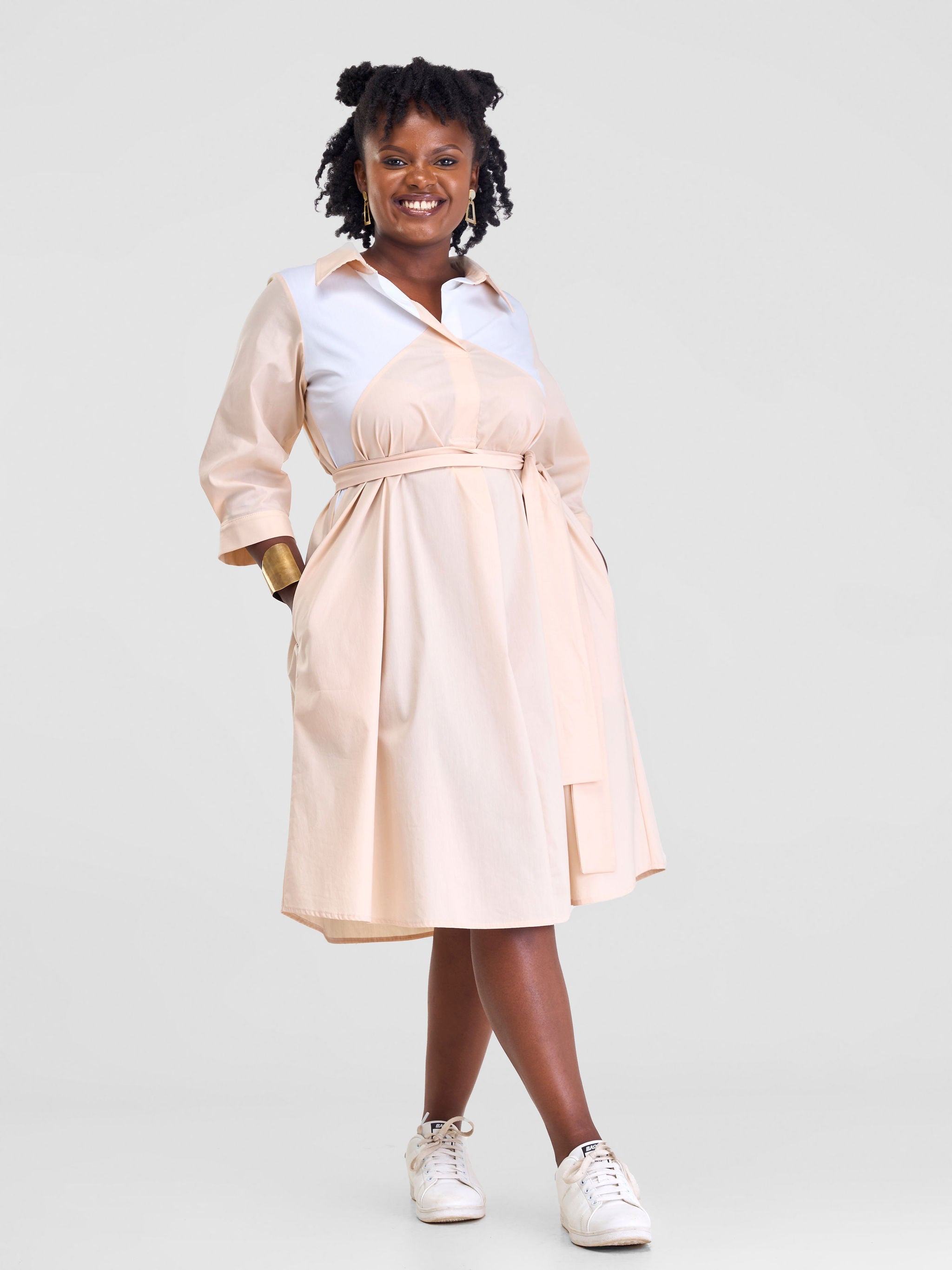 Safari Lira Front Panelled Shirt Dress - Taupe / White